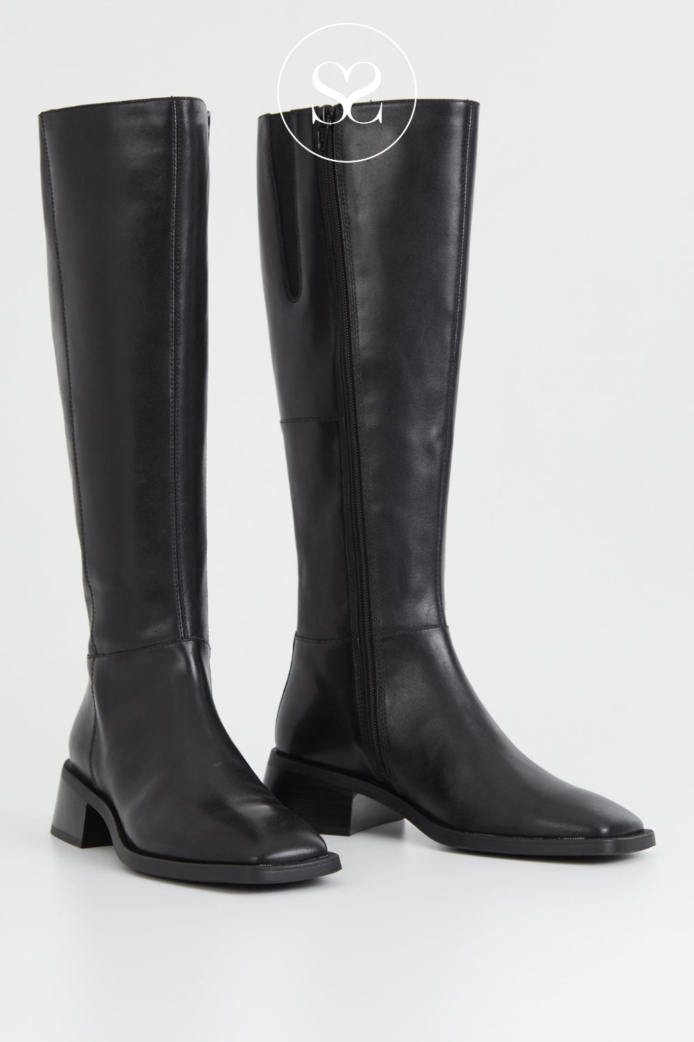 vagabond black leather long boots for women with squared front