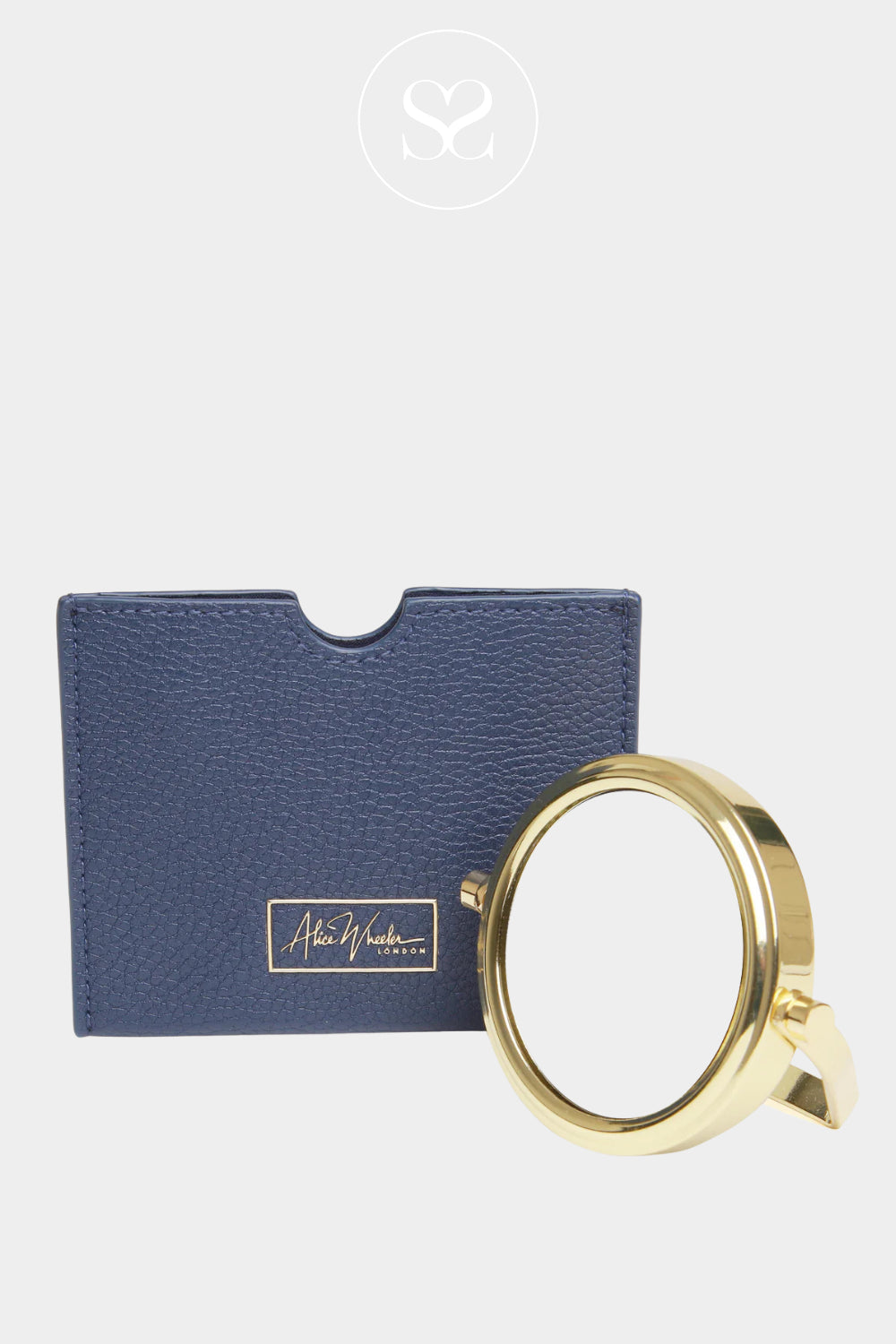 Alice Wheeler gold mirror AW5928 with navy pouch.
