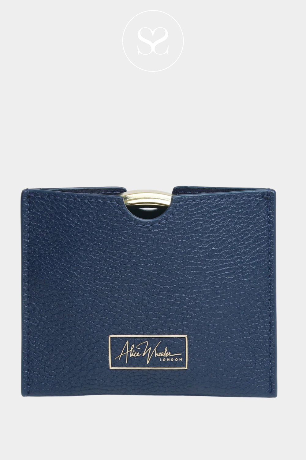 Alice Wheeler gold mirror AW5928 with navy pouch.