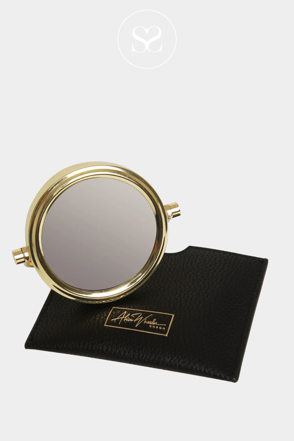 Alice Wheeler Gold round 7x magnification mirror with black pouch AW5927 .