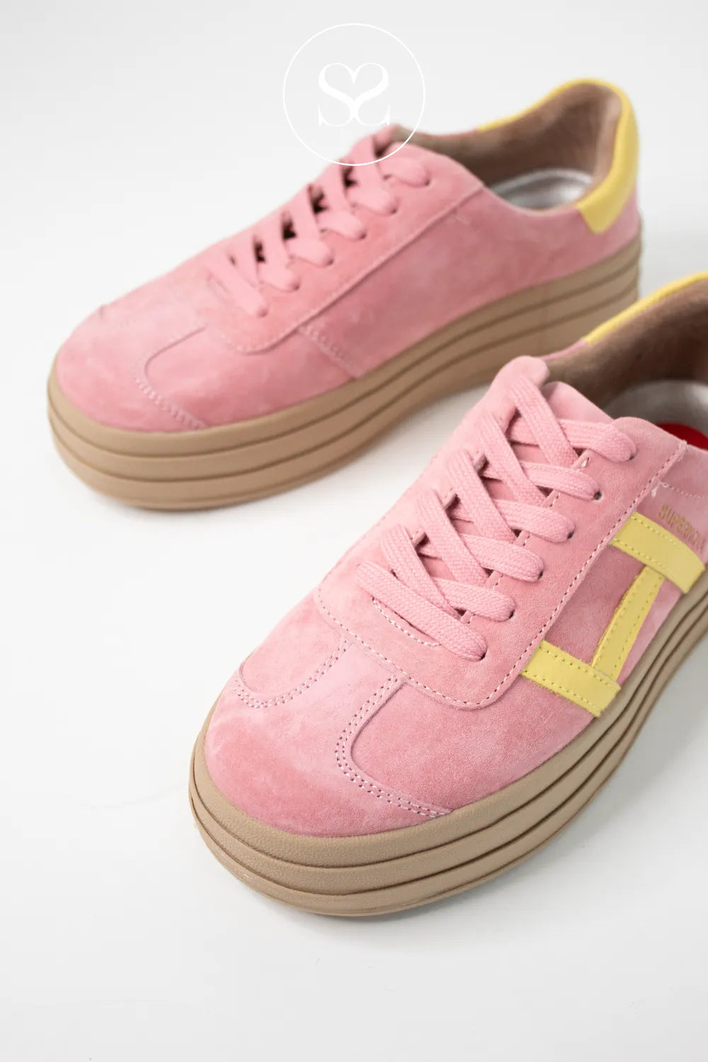 DRILLEYS PINK (CANDY CANE) CHUNKY FLATFORM TRAINERS SIXTY EIGHT FOR WOMEN WITH PINK LACES FOR LOSURE AND SUEDE TOE CAP DETAIL