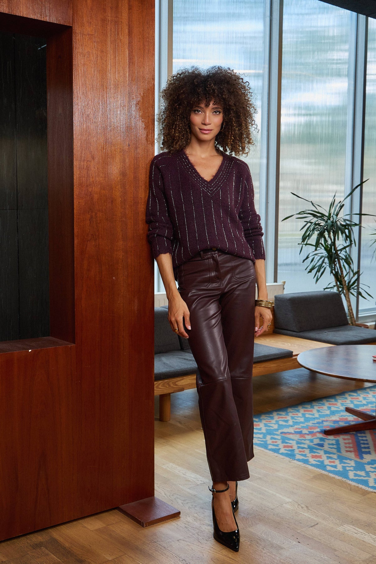 Burgundy Coated Straight Trousers — P948A