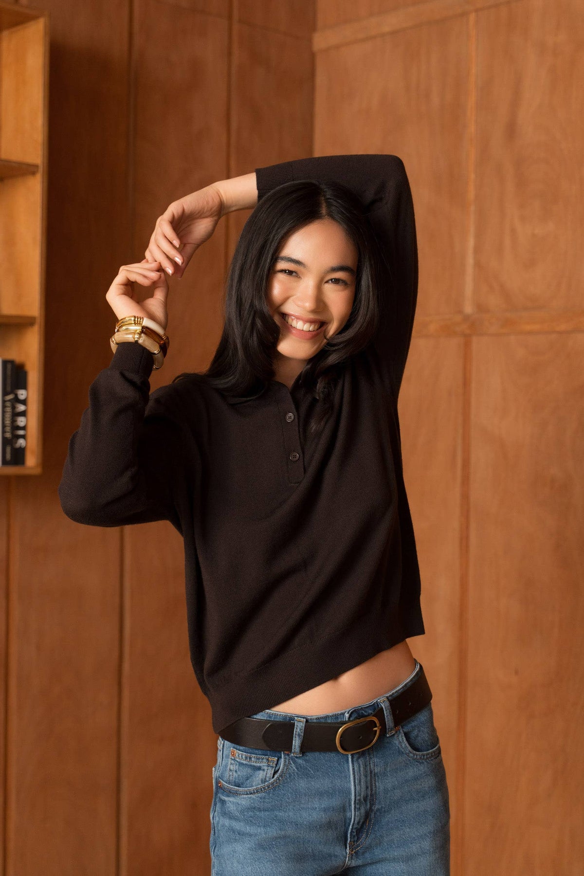 Brown Merino Wool Long Sleeve Polo - ME202616L