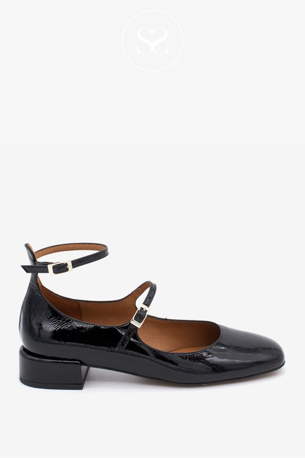 ANGEL ALARCON DOUBLE STRAP BLACK PATENT MARYJANE PUMPS - 24516