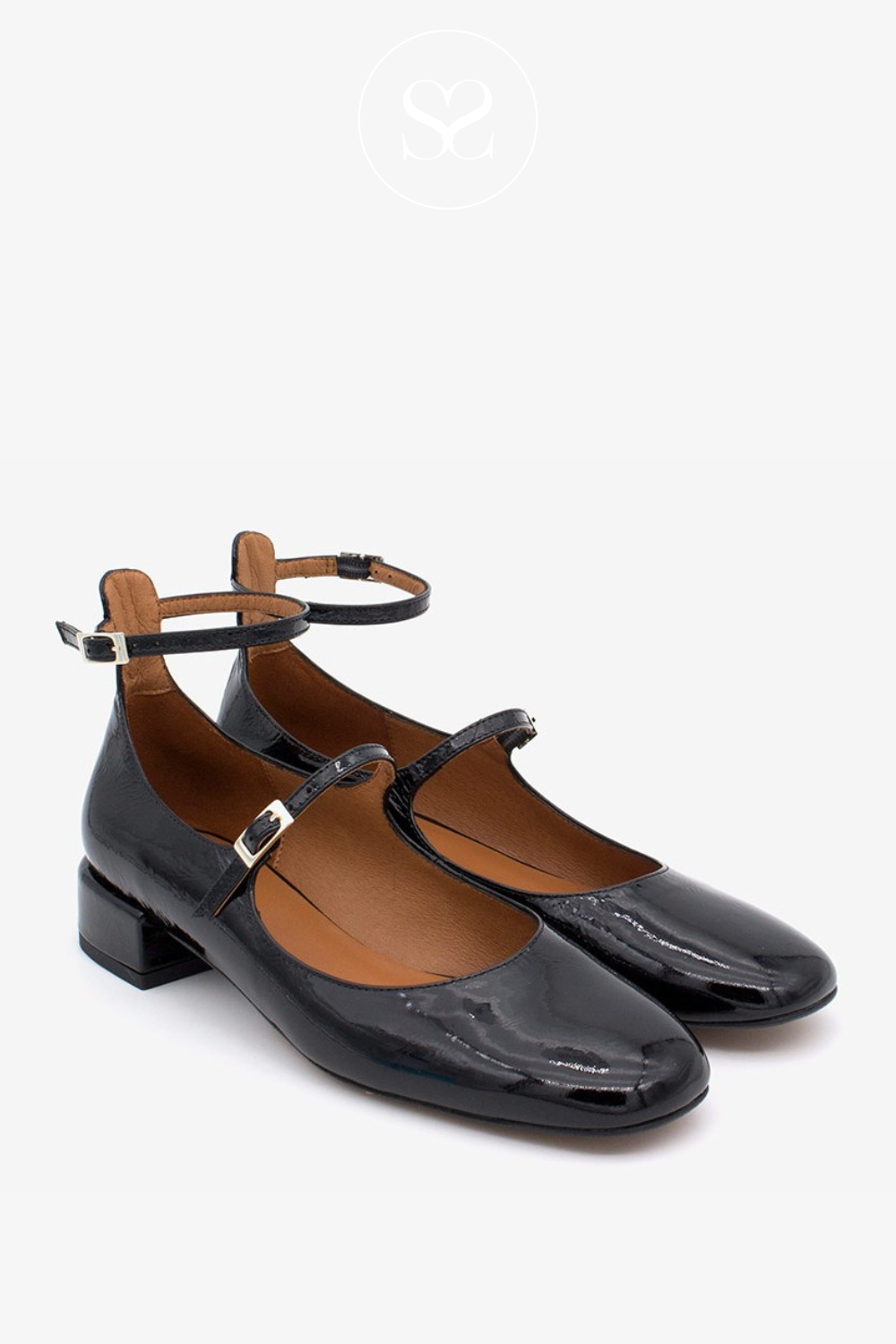 ANGEL ALARCON DOUBLE STRAP BLACK PATENT MARYJANE PUMPS - 24516