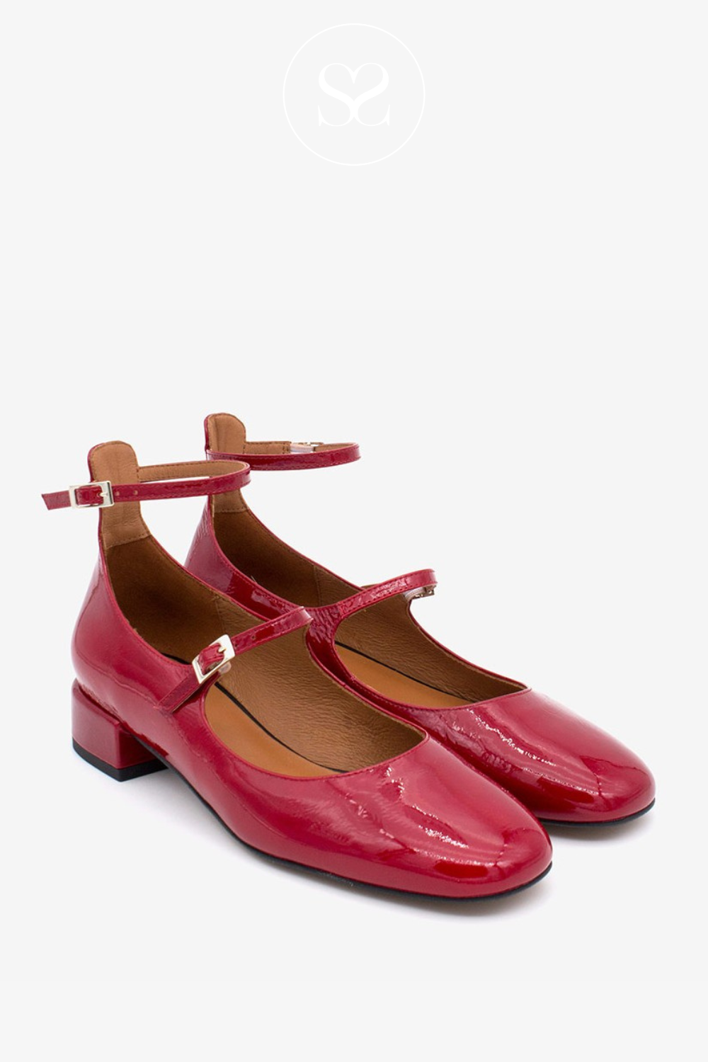 ANGEL ALARCON RED PATENT DOUBLE STRAP MARY JANE PUMPS - 24516