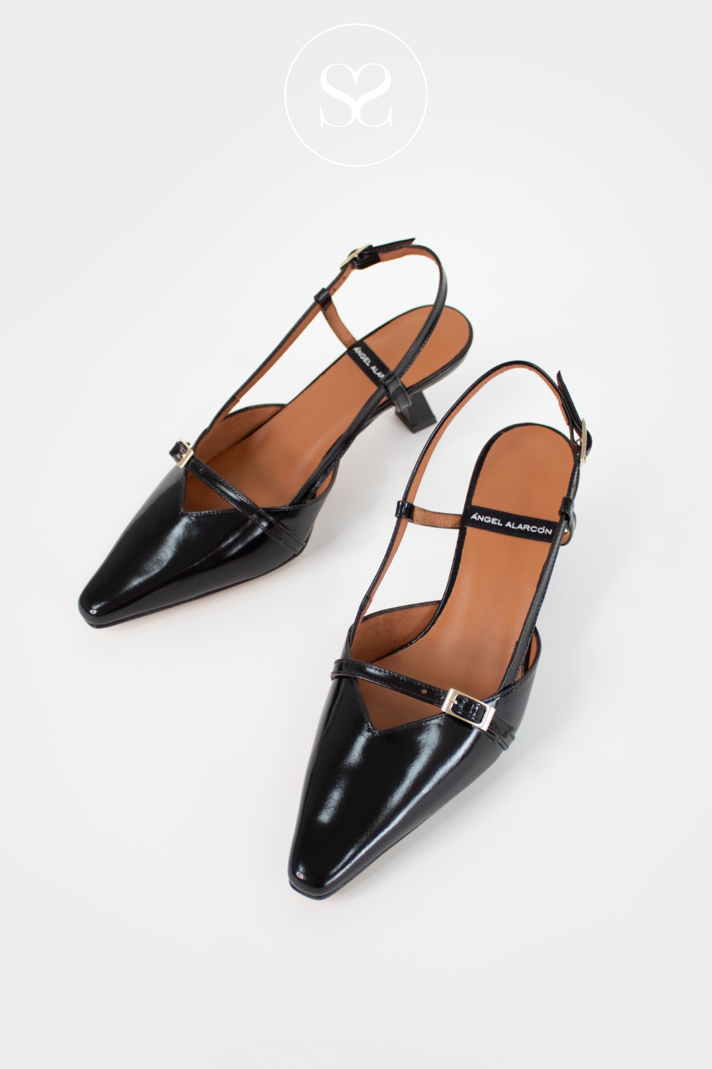 ANGEL ALARCON KARINE BLACK LEATHER SLINGBACK POINTED TOE KITTEN HEELS