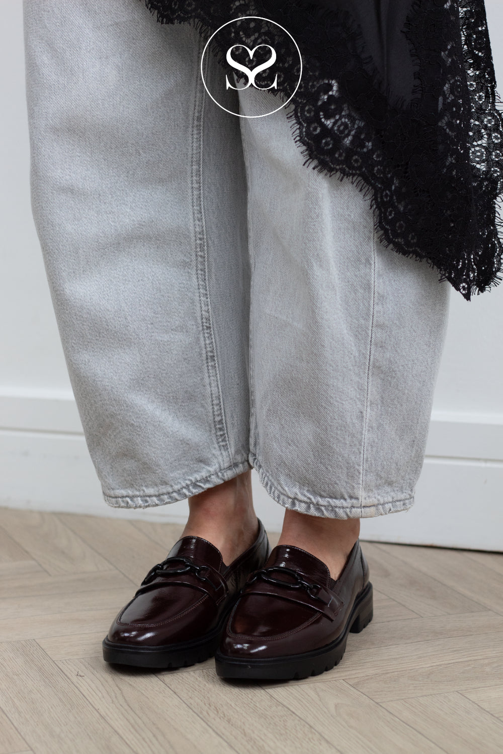 Woman wearing comfortable Ara Wine Patent Leather Chunky Loafers 12-11219 in Ireland