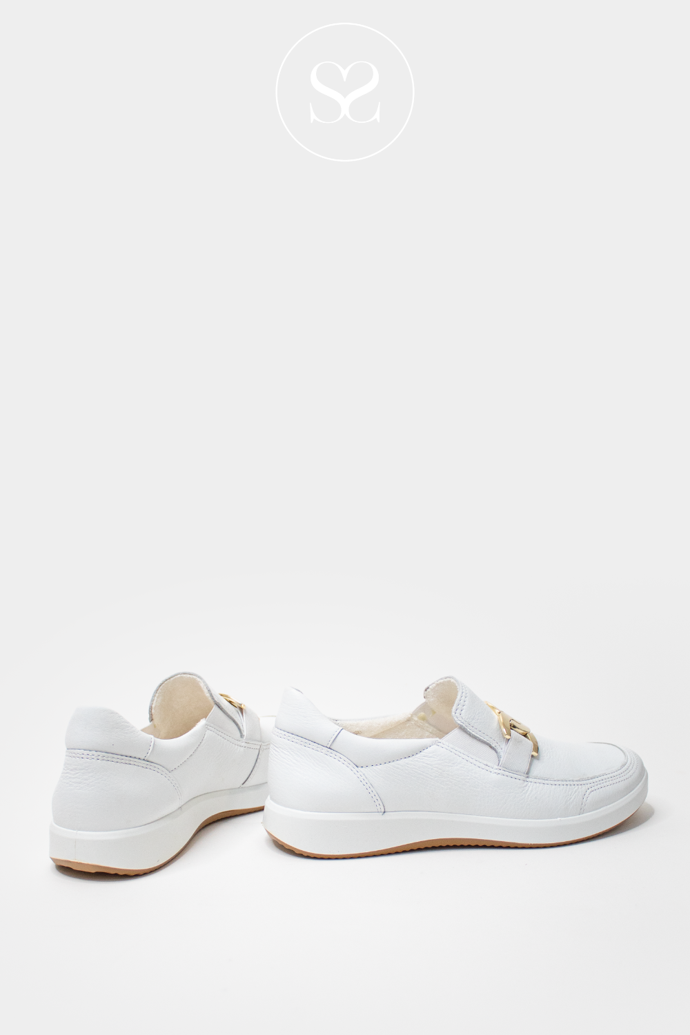 ARA 12-23911 WHITE LEATHER PULL ON TRAINER/LOAFER WITH GOLD BUCKLE DETAIL.