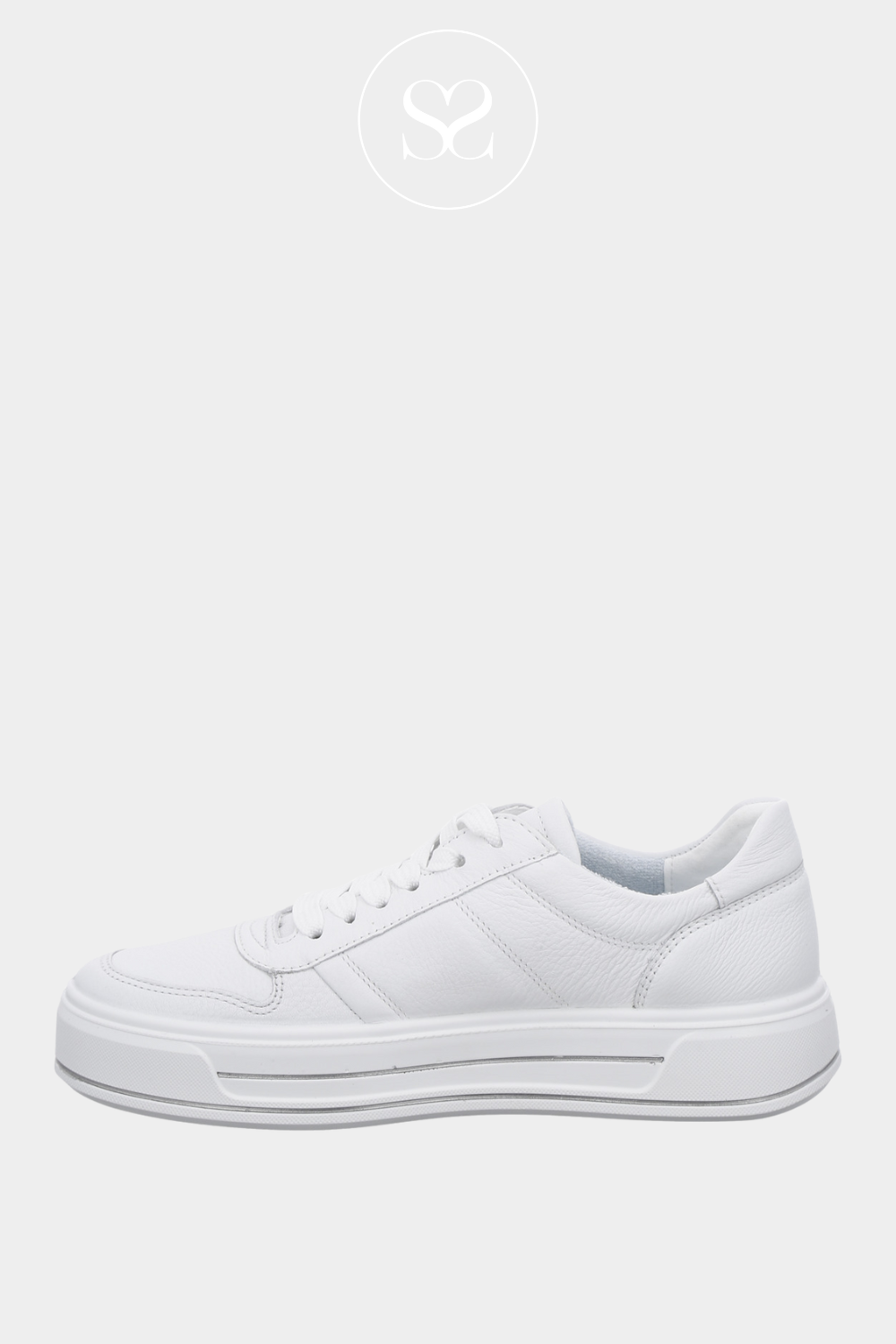 ARA 12-23001-04 WHITE LEATHER FLATFORM TRAINERS WITH LACES AND WHITE PANELLING