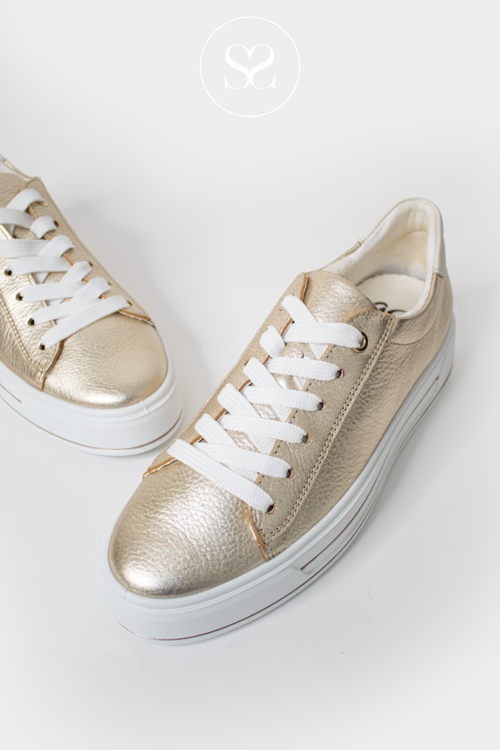 ARA 12-23002 GOLD LEATHER NEAT FLATFORM TRAINERS WITH WHITE SOLE AND LACES