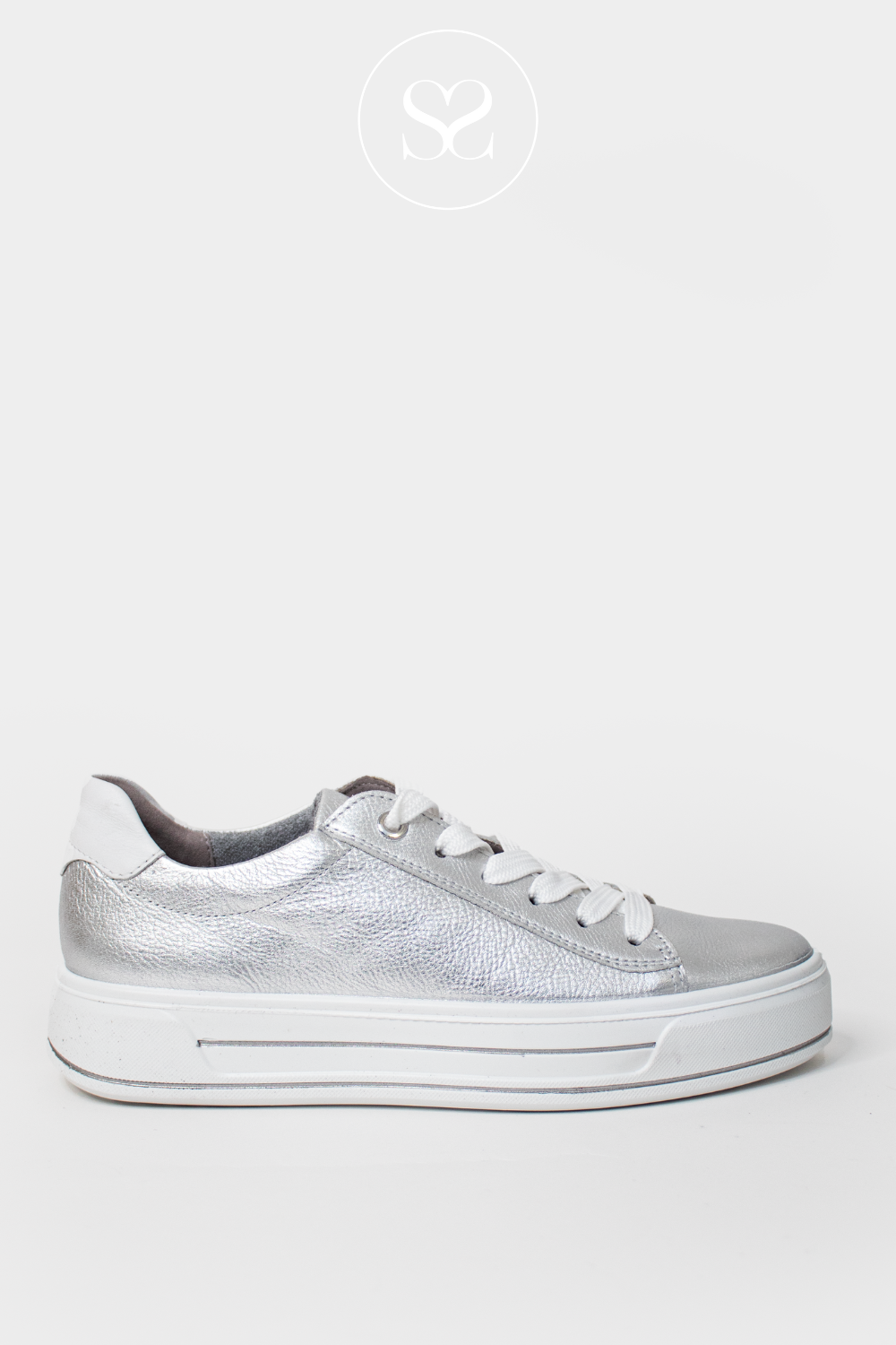 ARA 12-23003 SILVER FLATFORM TRAINERS WITH WHITE SOLE AND LACES