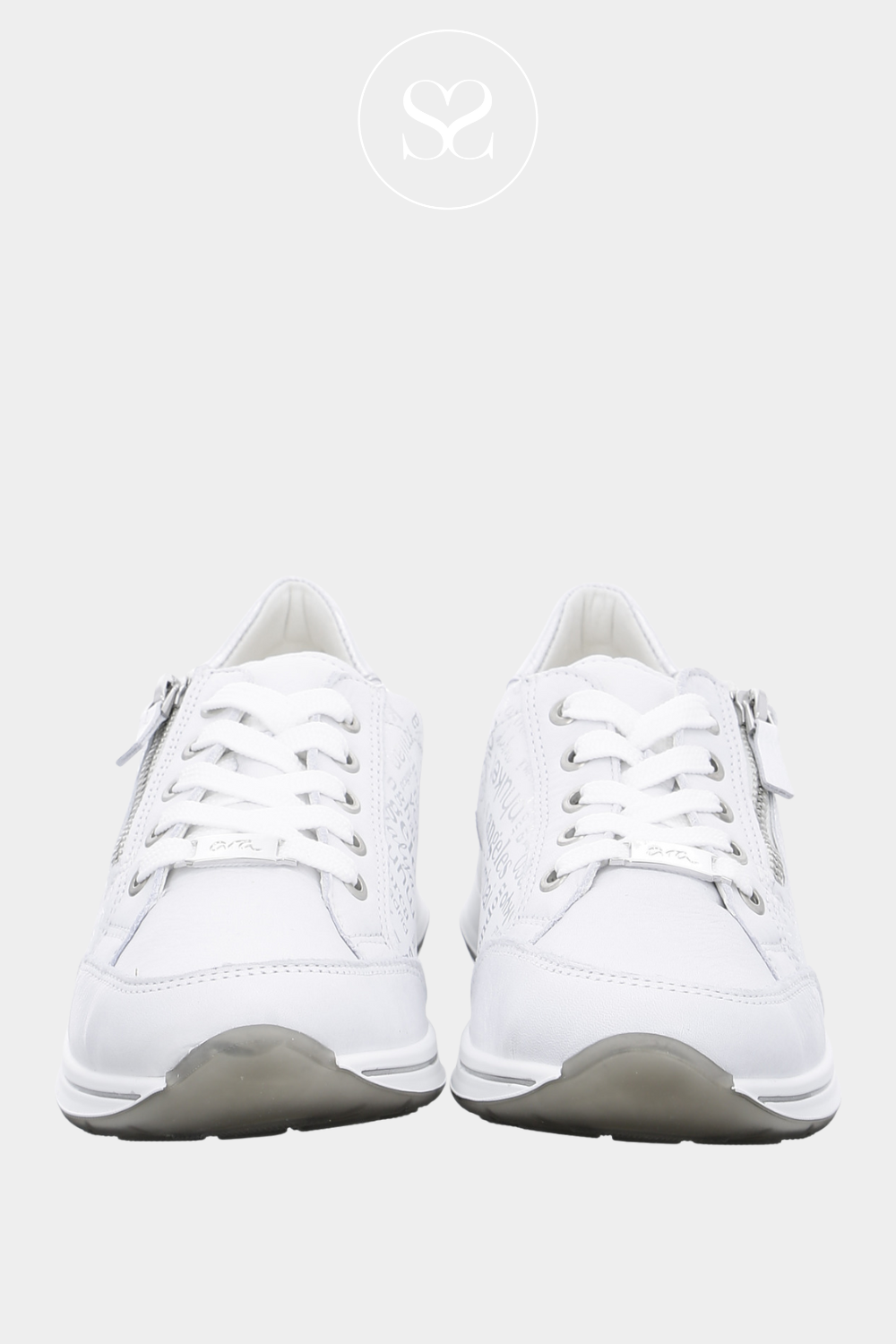 ARA 12-24801-09 WHITE LEATHER TRAINERS WITH SILVER BRANDING, LACES AND SIDE ZIP