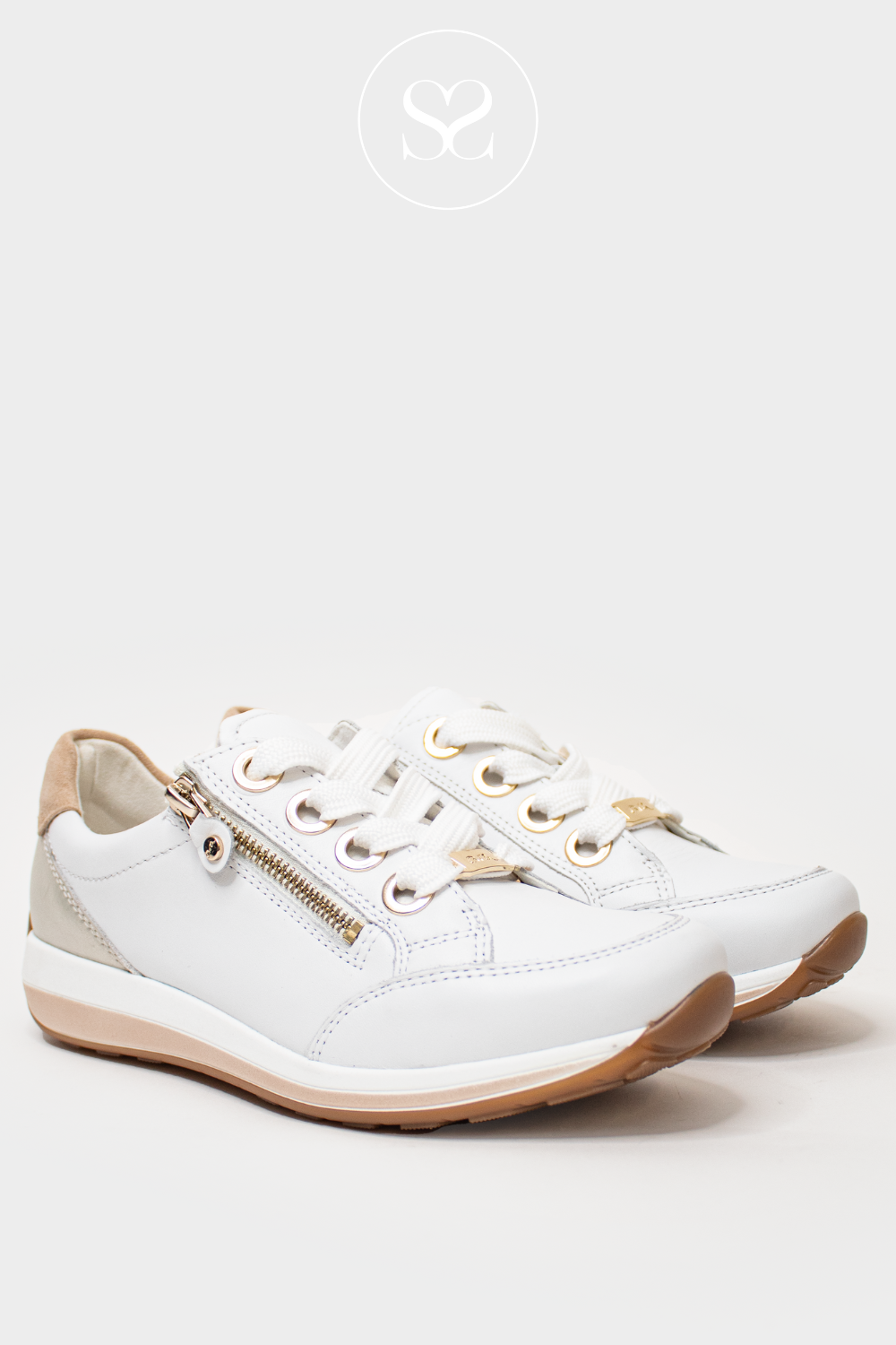 ARA 12_34587_79 WHITE LEATHER TRAINERS WITH SILVER HEEL, LACES AND SIDE ZIP