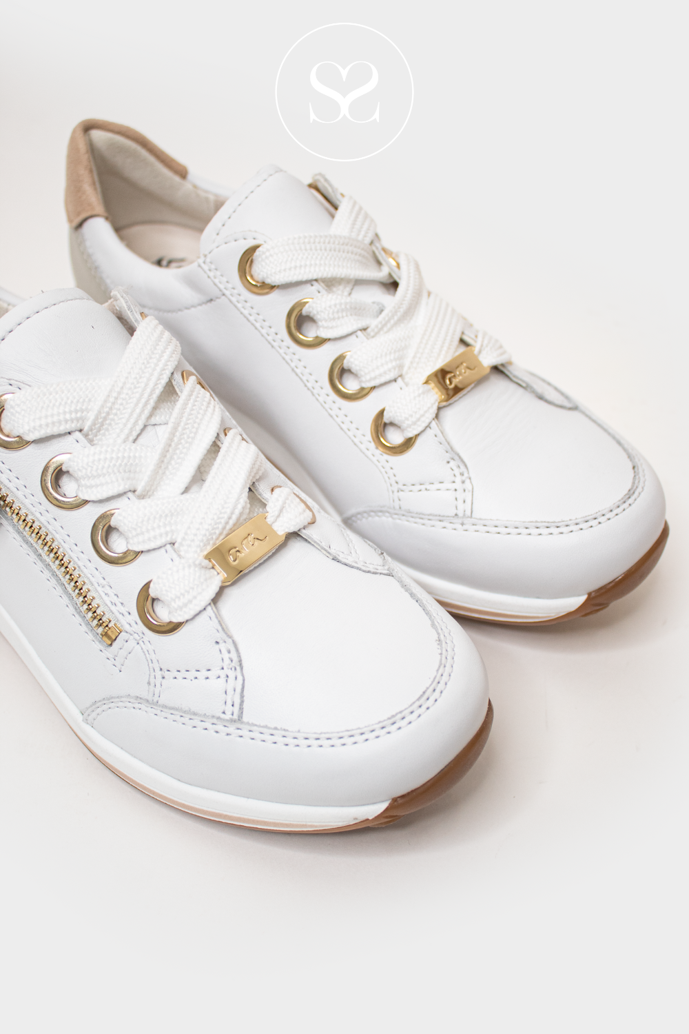 ARA 12_34587_79 WHITE LEATHER TRAINERS WITH SILVER HEEL, LACES AND SIDE ZIP
