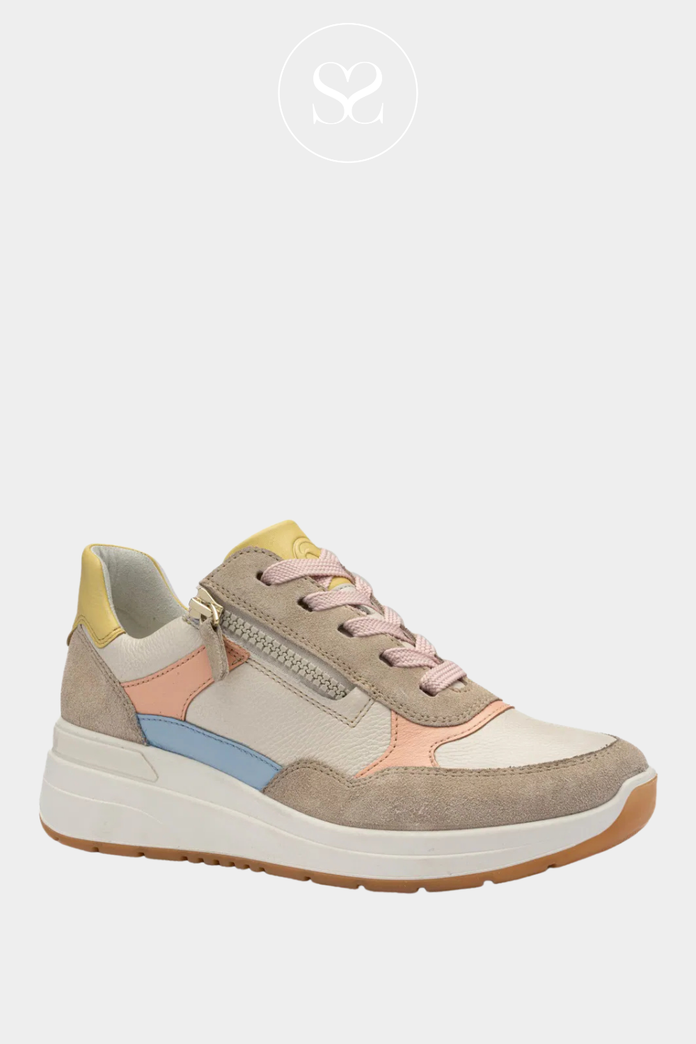 Ara german trainers 12-57702. Colourful pastel trainers with wedge sole. Laces and zip. Removable insole