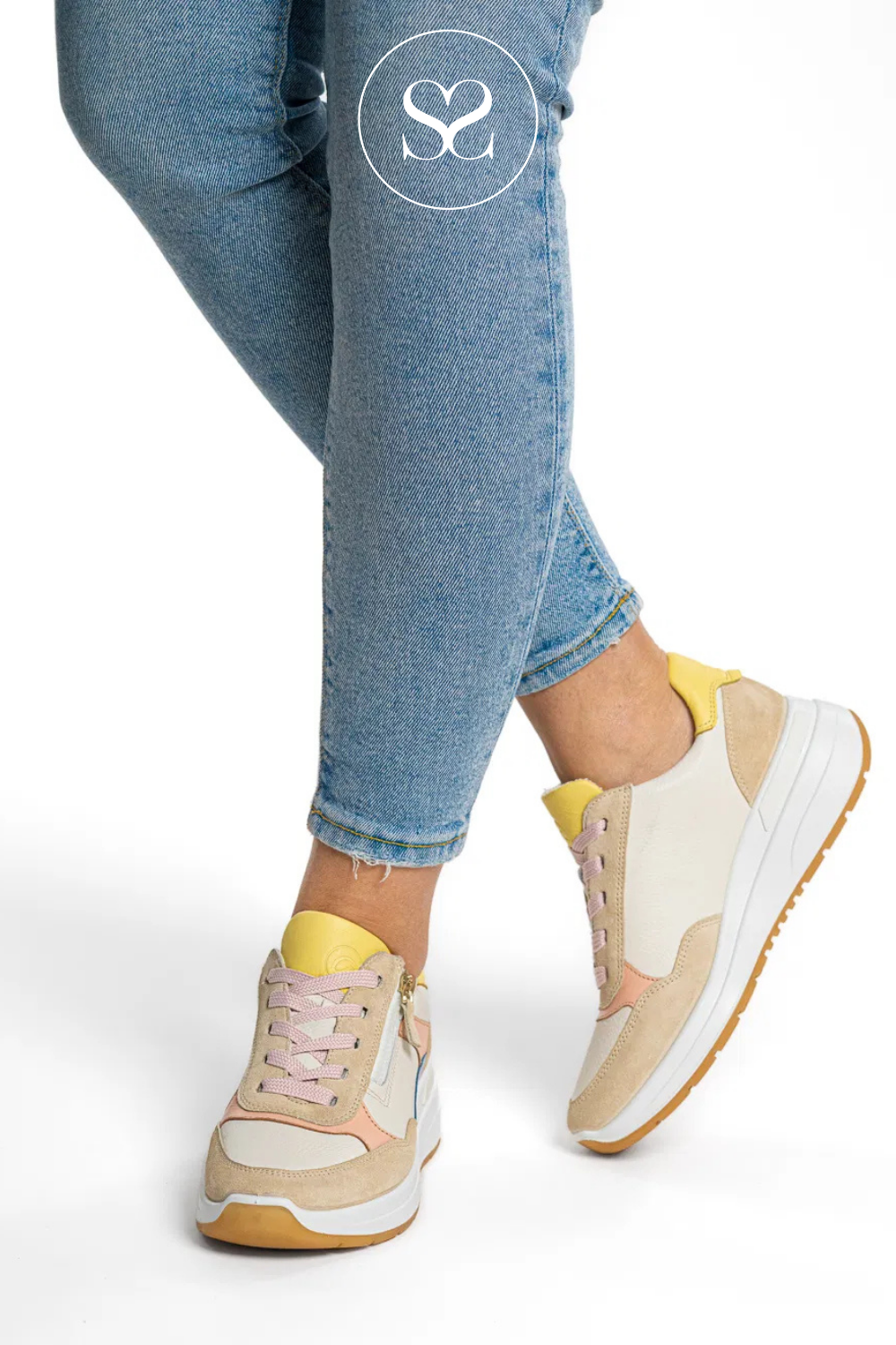 Spring colour trainers with pops of colour. Wedge trainers with laces and side zip