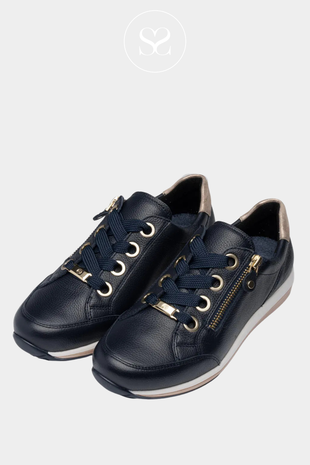 Ara 12-64587 navy leather round toe sneakers with laces and side zip. Removable cushioned insole with arch support.