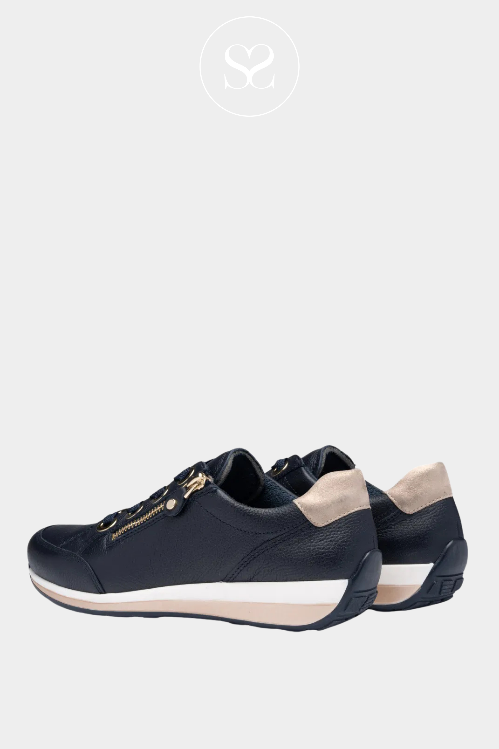 Everyday trainers in a navy blue with gold and white accents. Gold zip and laces.