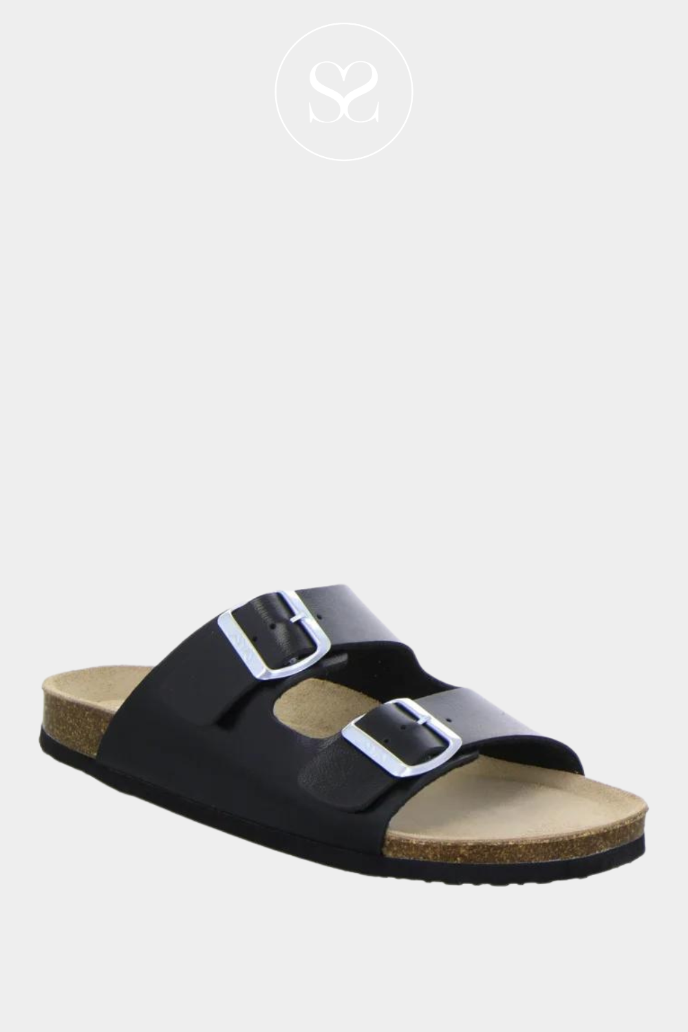 ARA 15-17018 BLACK LEATHER SLIDER MULE STYLE SANDALS WITH DOUBLE STRAP AND SILVER BUCKLESARA 15-17018 BLACK LEATHER SLIDER MULE STYLE SANDALS WITH DOUBLE STRAP AND SILVER BUCKLES