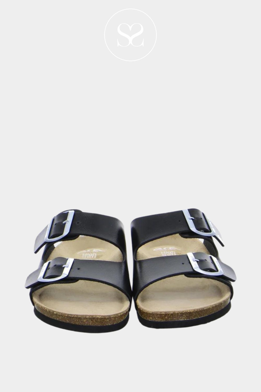 ARA 15-17018 BLACK LEATHER SLIDER MULE STYLE SANDALS WITH DOUBLE STRAP AND SILVER BUCKLES