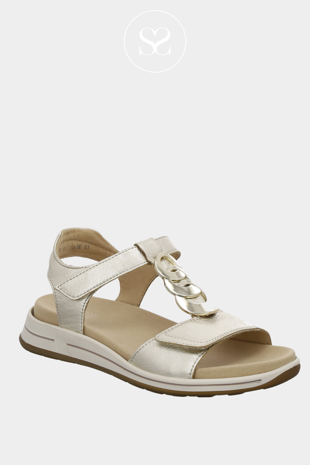 ARA 12-34826 GOLD LEATHER METALLIC WALKING LOW WEDGE SANDALS WITH TWO THICK VELCRO STRAPS AND GOLD CHAIN DETAIL