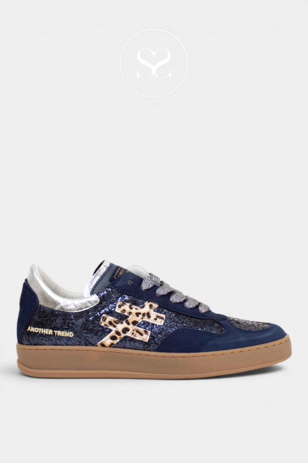 Another trend navy metallic trainers with animal print detail