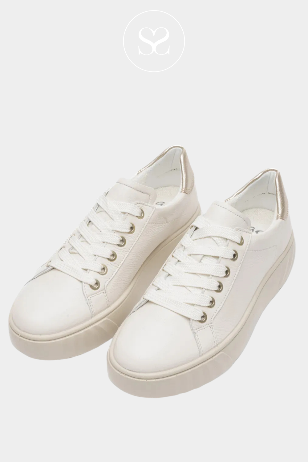 Casual everyday off white sneakers. Gold eyelets, laces, flatform sole, metallic heel cap