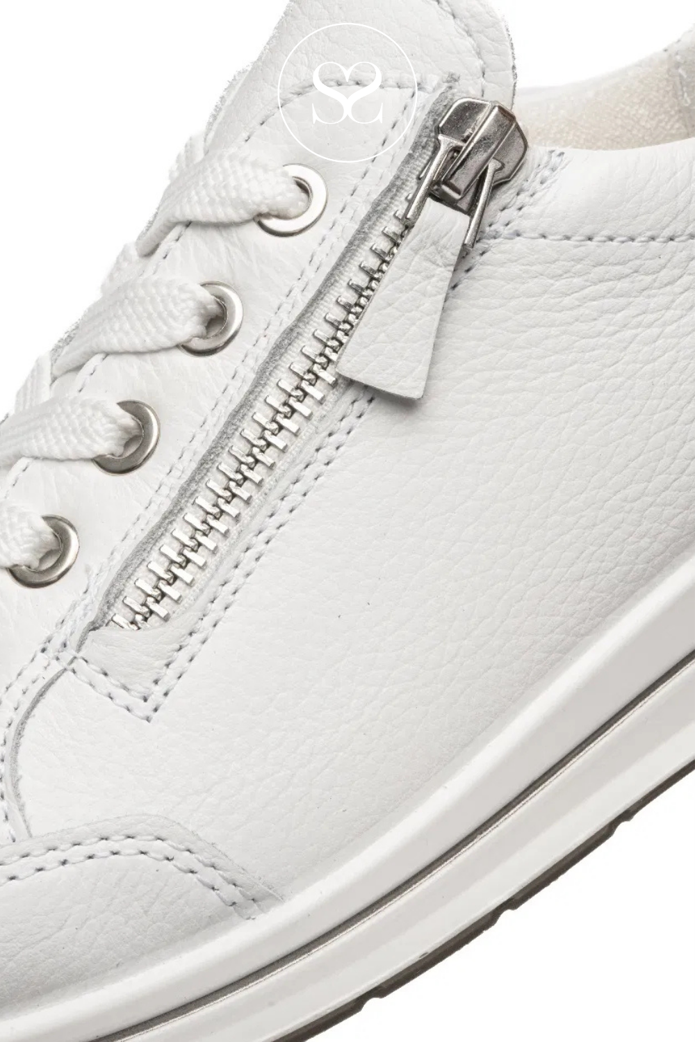 ARA 12_54801 white leather trainers with laces and side zip for easy access. Soft leather, cushioned removable insole
