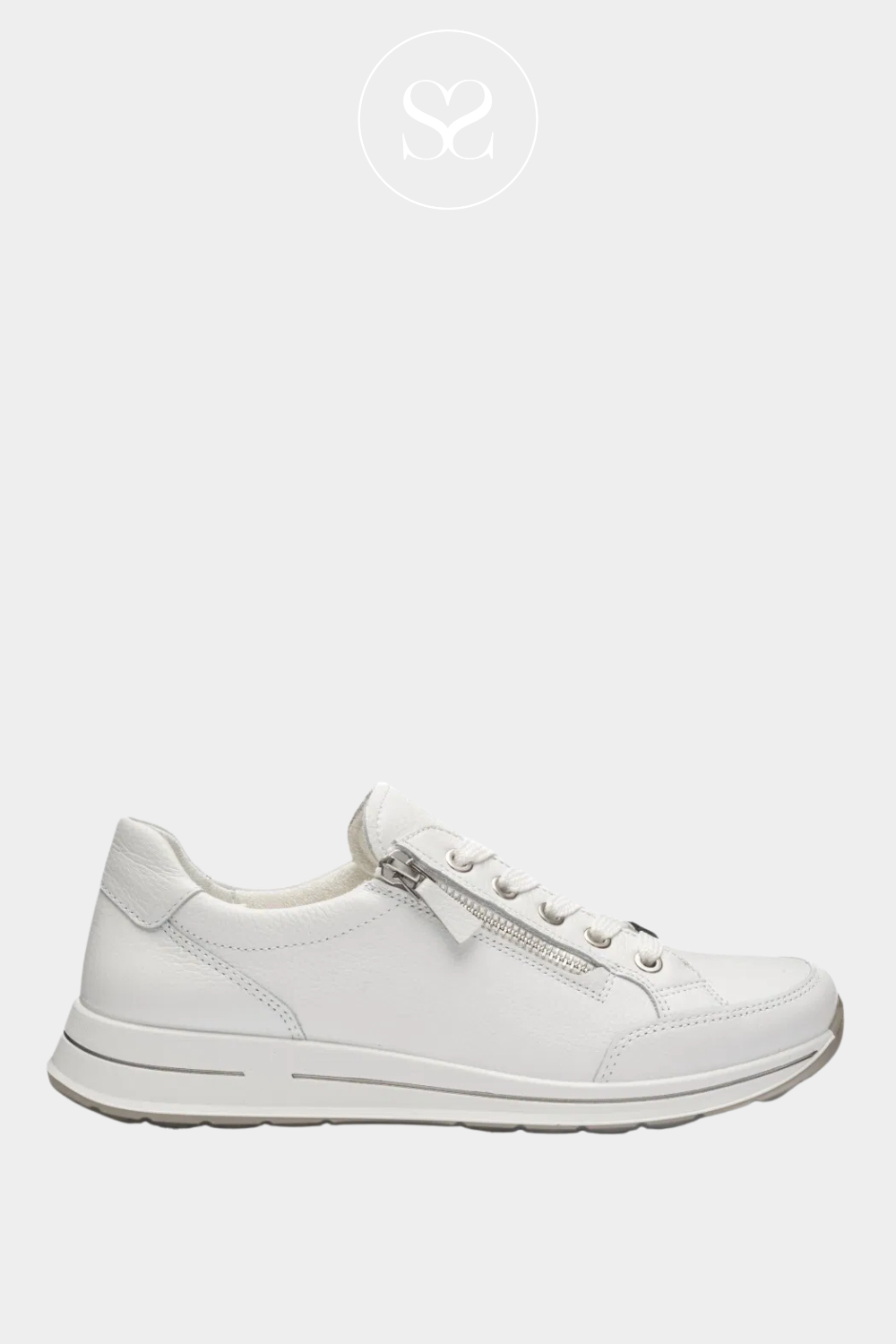 ARA 12_54801 white leather trainers with laces and side zip for easy access. Soft leather, cushioned removable insole