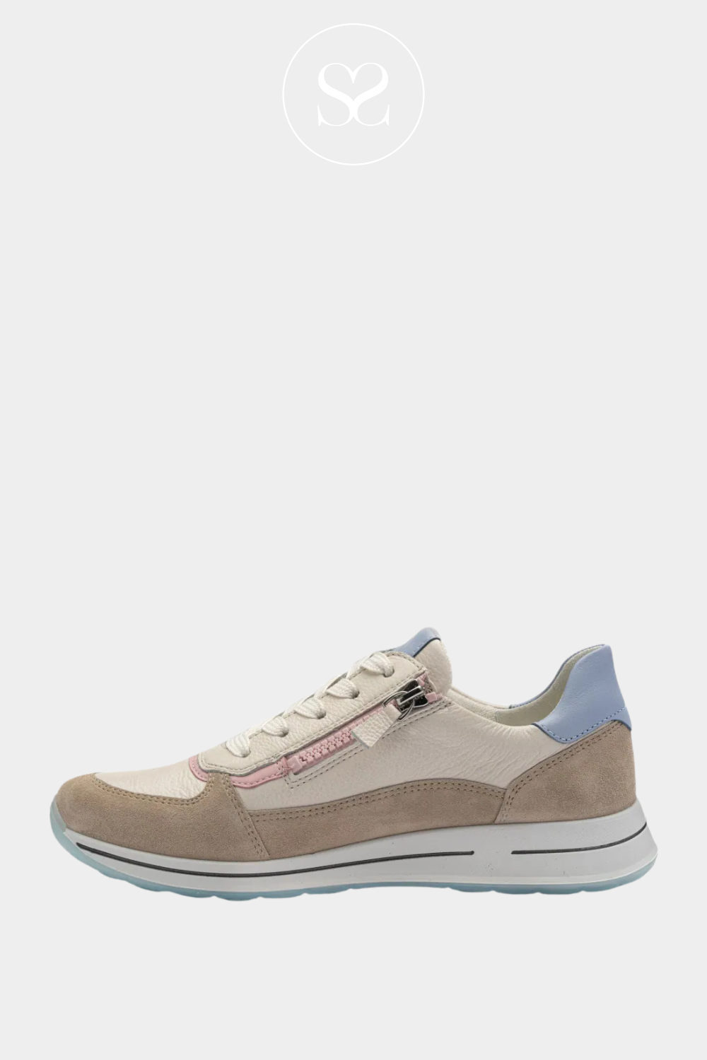 Ara taupe suede round toe, wedge trainers. Laces and side zip. Comfortable walking shoes