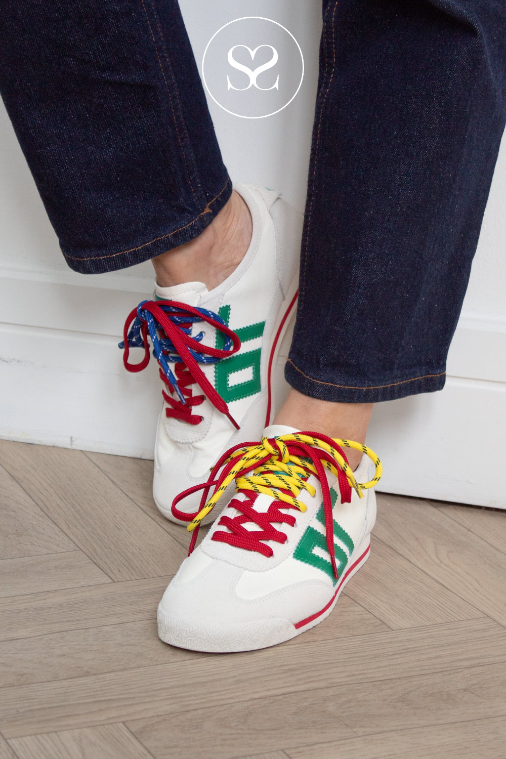 Woman wearing white trainers from Back 70 - double lace trainers