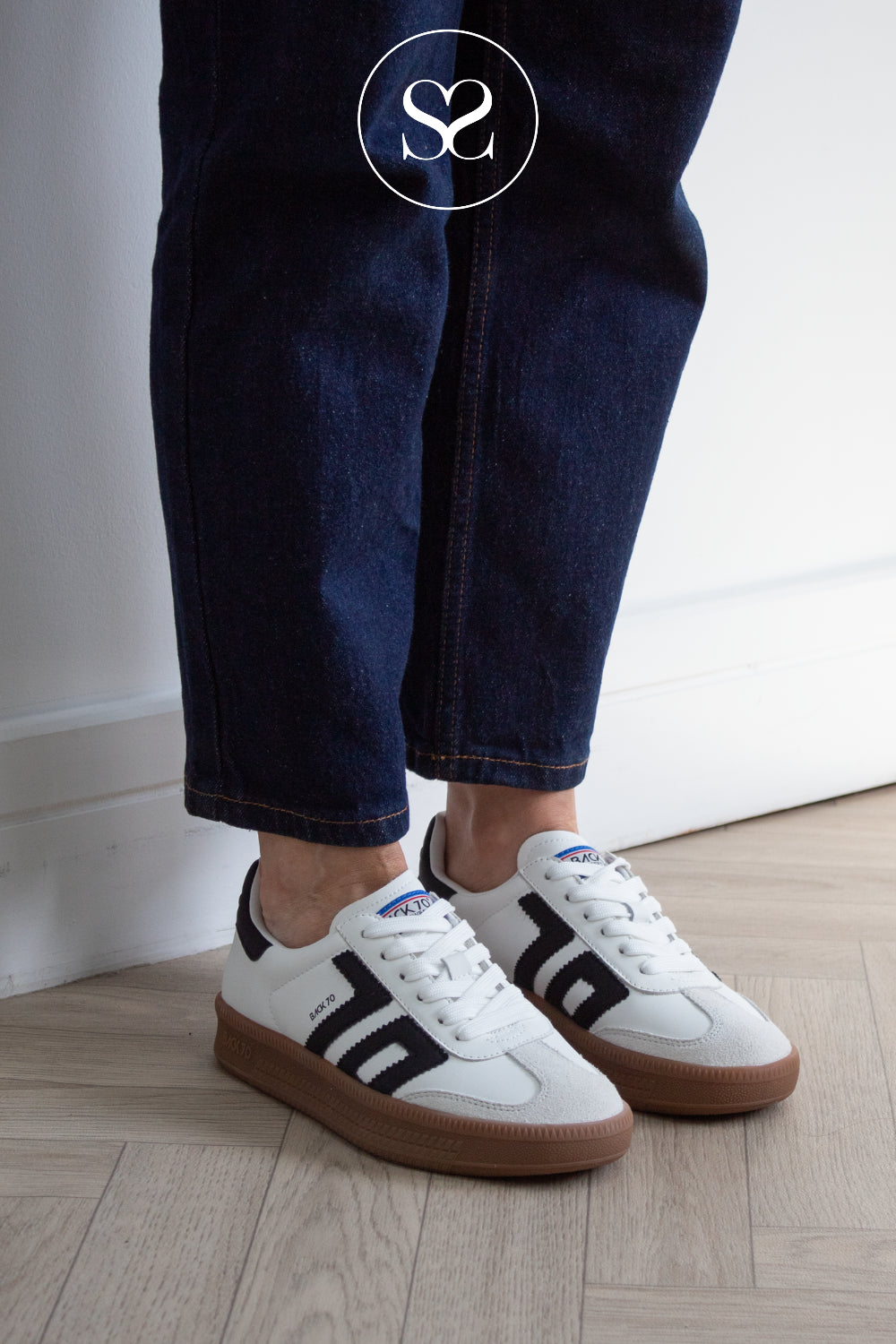 white platfrom trainers for women with gum sole & black accents - Back 70