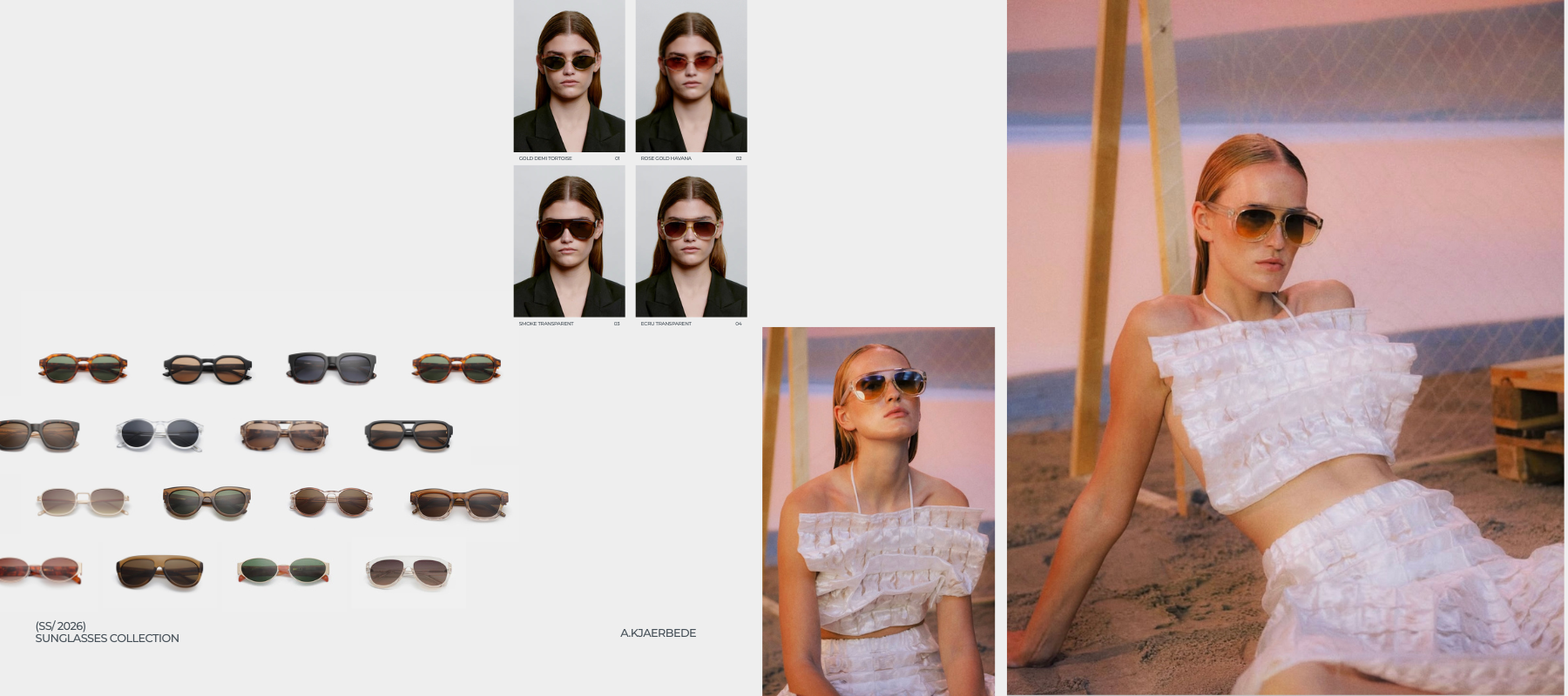 Sunglasses collection banner with collage of women's sunglasses styles, a grid of women's faces with sunglasses and an editorial image of a model on the beach wearing trending style