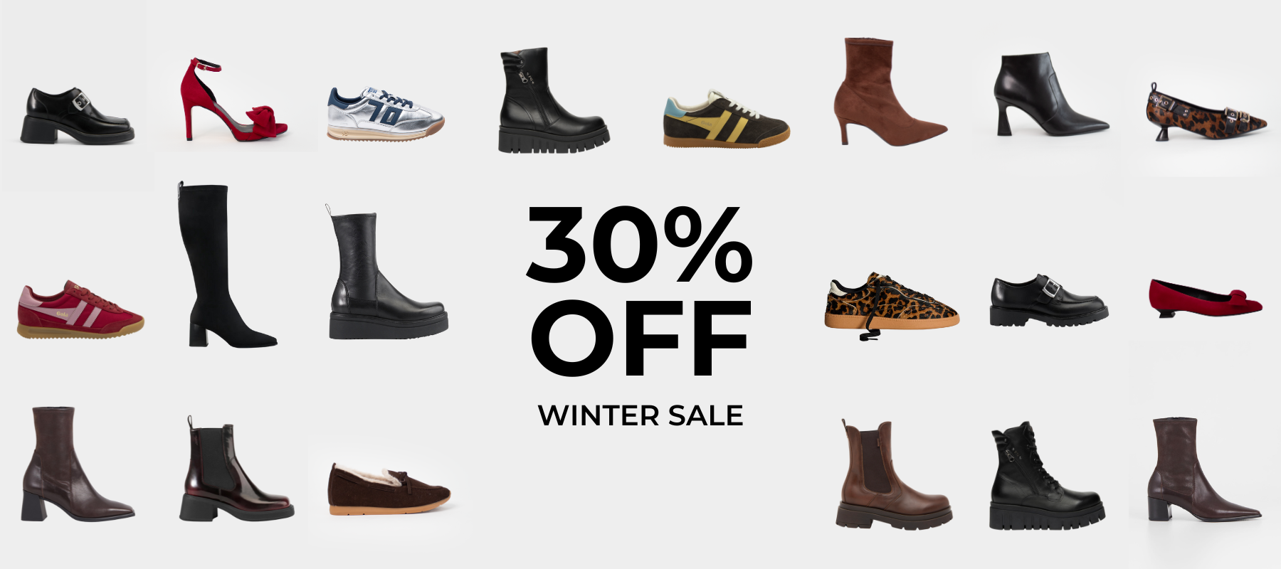 Collection of winter shoes with a 30% off Winter Sale text on a white background