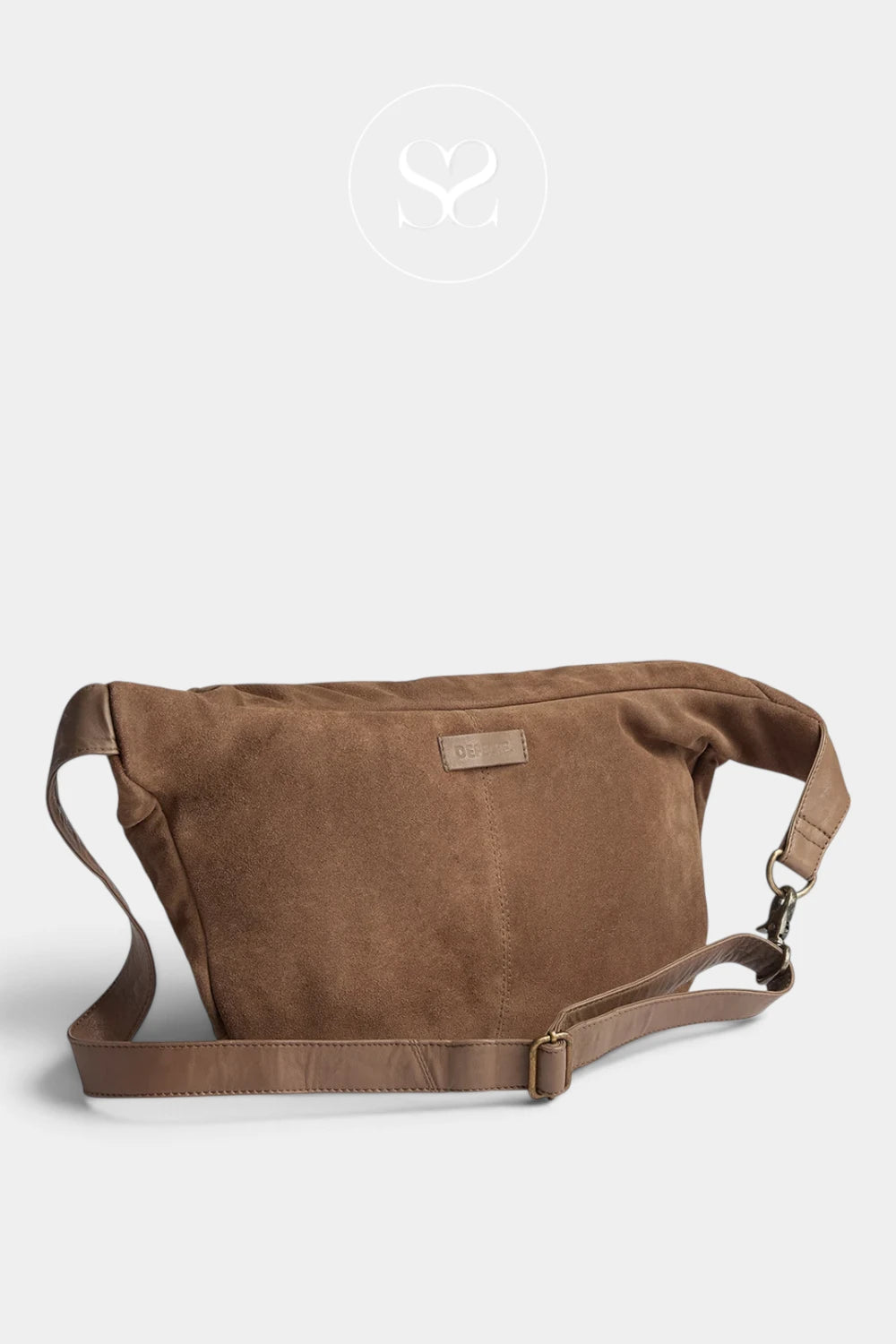 A brown suede messenger bag with a matching adjustable shoulder strap, displayed on a light gray background with a faint brand logo at the top.