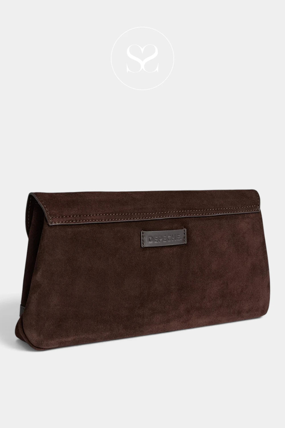 A dark brown suede clutch bag with a small silver-tone metal brand plaque on the front flap, set against a light gray background.