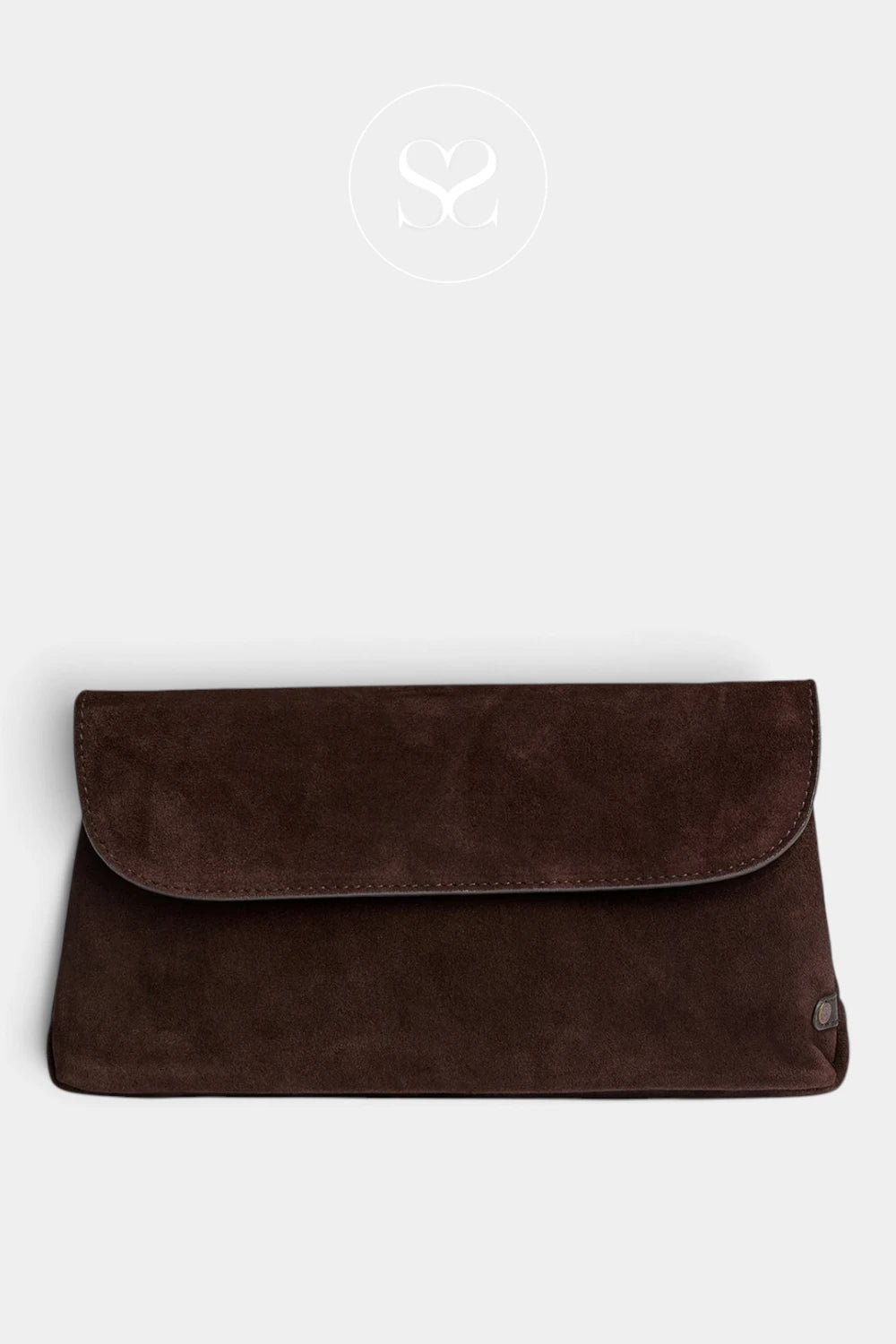 A dark brown suede envelope-style clutch pouch with a small metal button detail on the bottom right corner, displayed against a light gray background with a faint brand logo at the top.