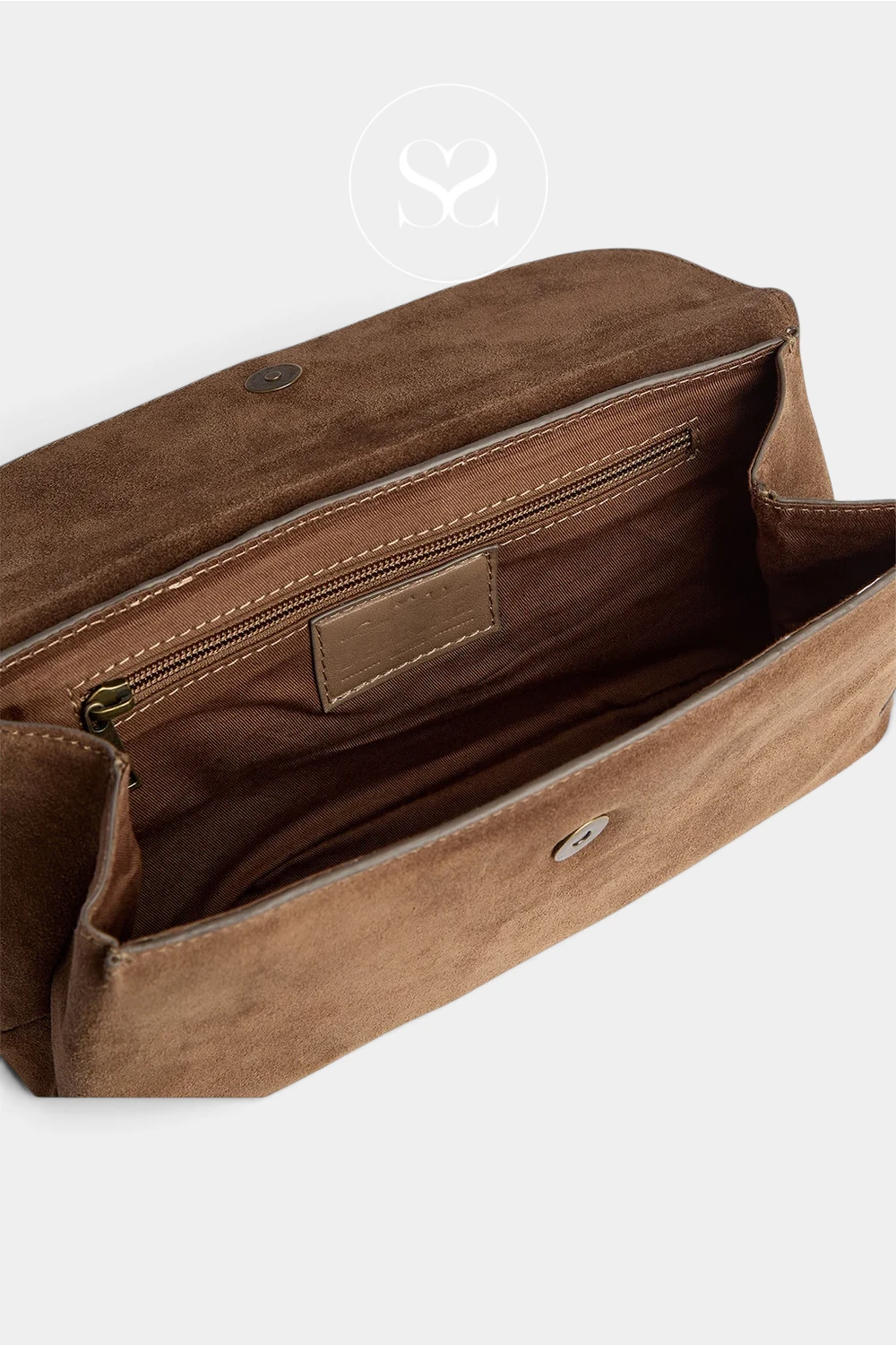 An open brown suede or faux-suede clutch bag shown from above on a light gray background, revealing a matching brown interior with a zip pocket, stitched edges, and a small leather label.