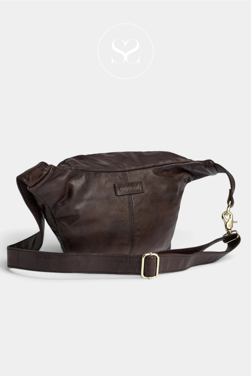 A dark brown leather fanny pack with a matching adjustable shoulder strap and gold-tone buckle, displayed on a light gray background with a brand logo watermark at the top.