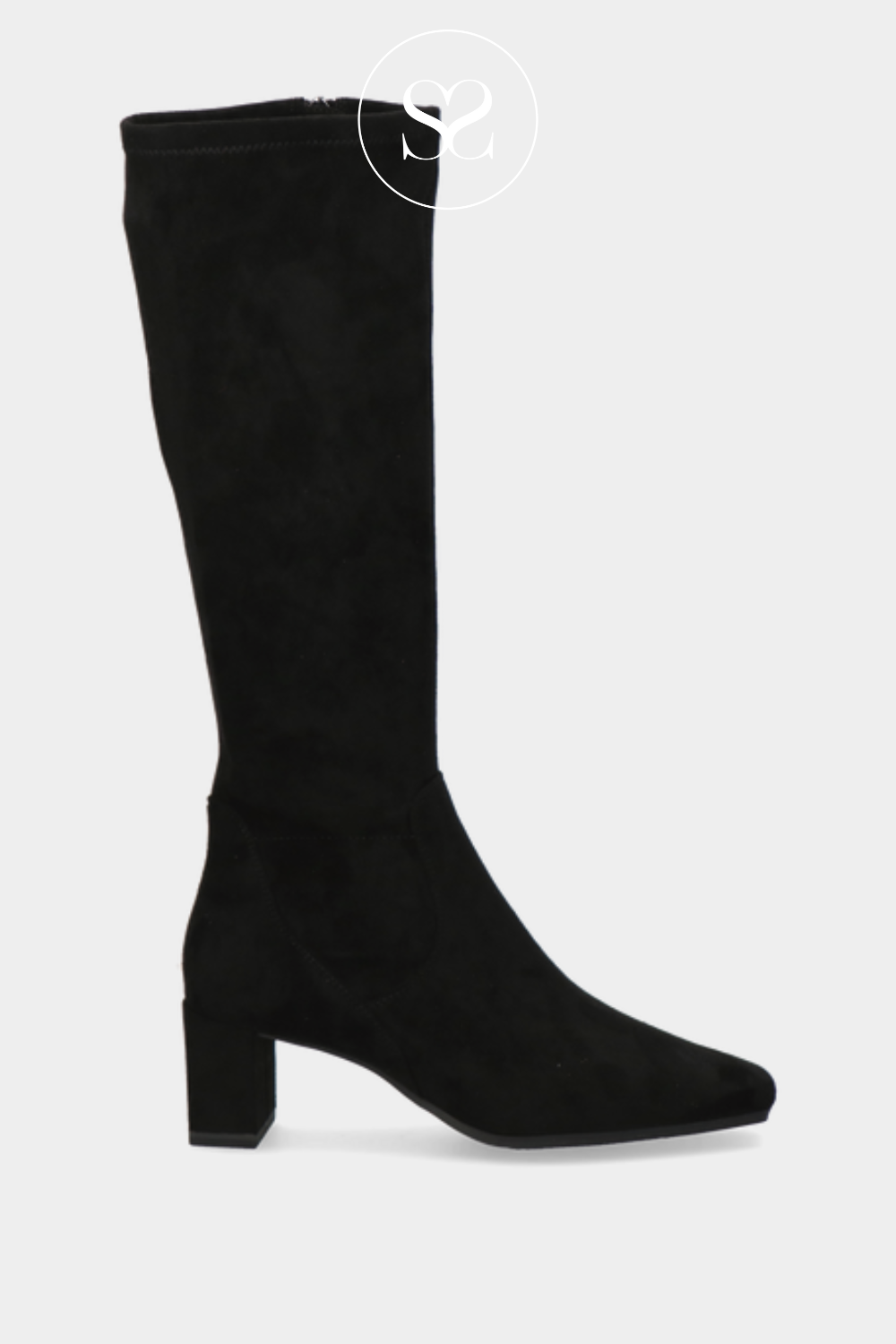Block heel stretch knee high boots top