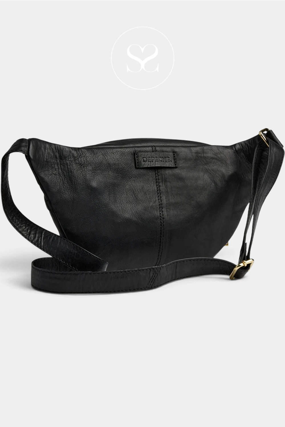 A black leather fanny pack with a wide adjustable strap and gold-tone hardware, displayed on a light gray background with a brand logo watermark above.