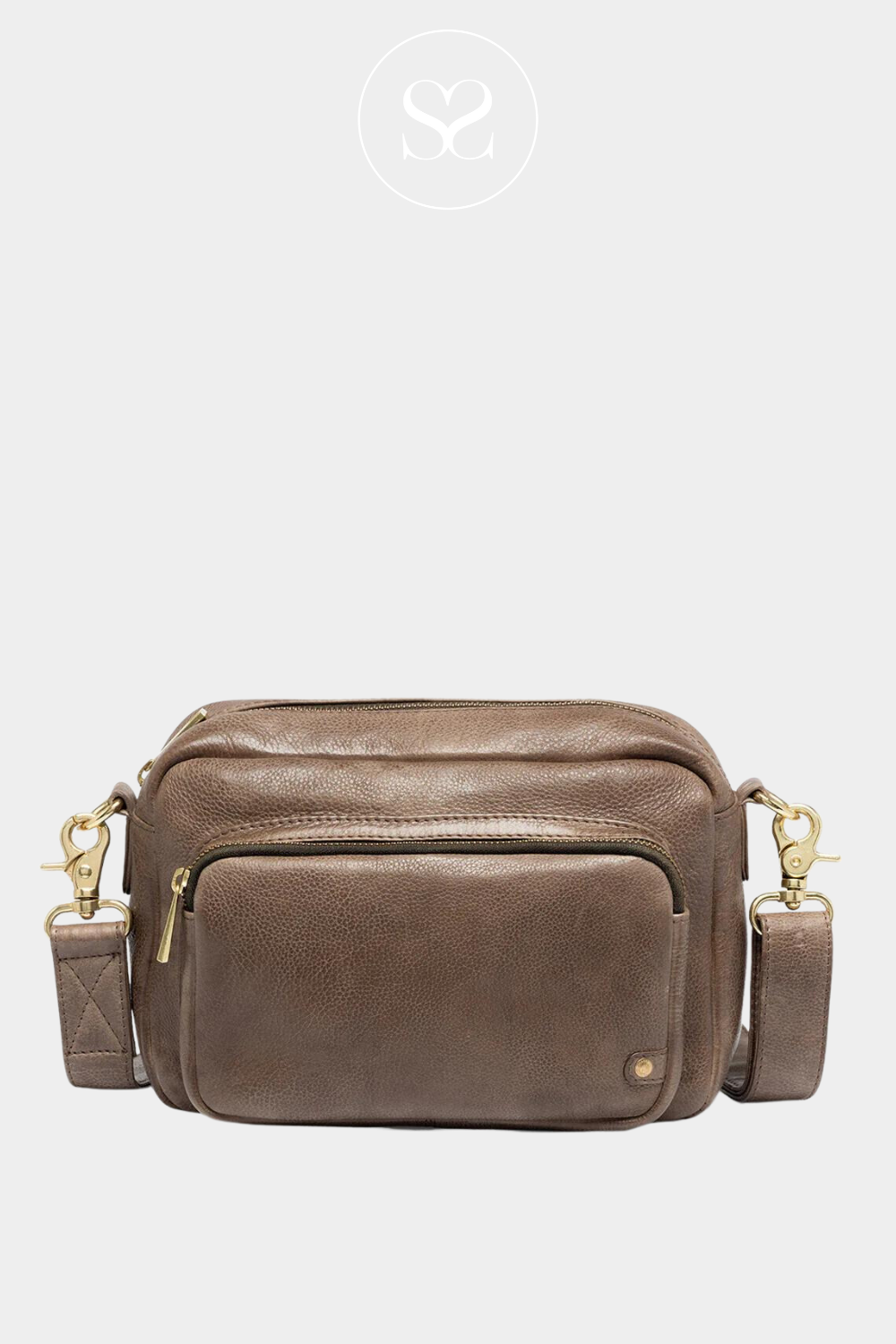 DEPECHE 141432 TAUPE BROWN LEATHER BAG WITH FRONT POCKET AND GOLD HARDWARE.