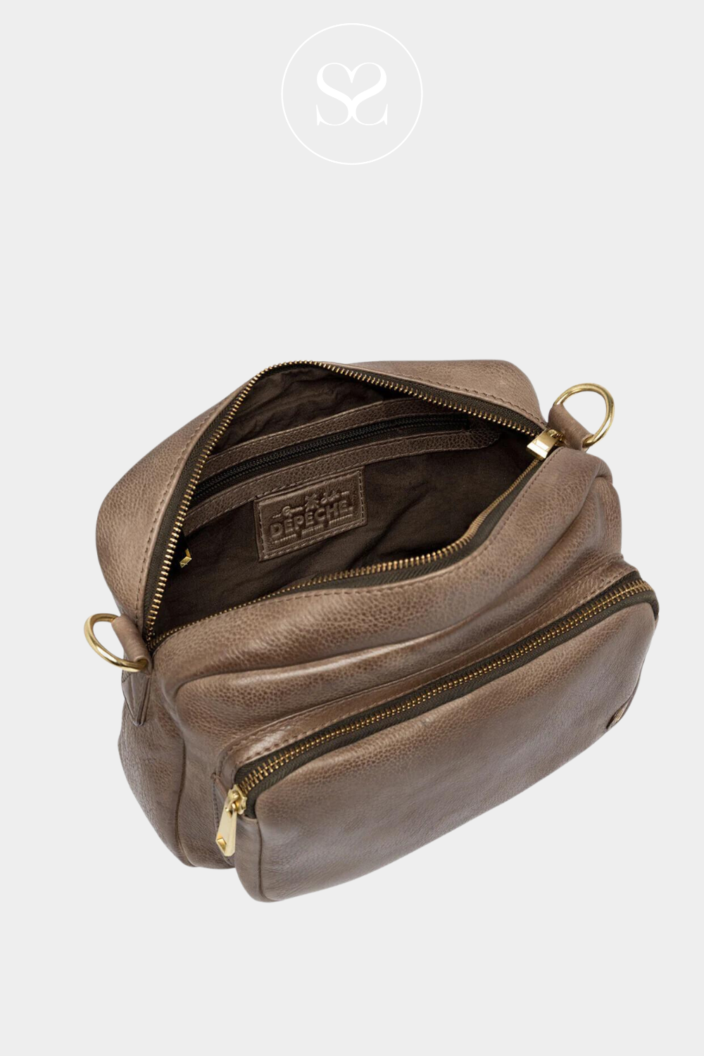 DEPECHE 141432 TAUPE BROWN LEATHER BAG WITH FRONT POCKET AND GOLD HARDWARE.