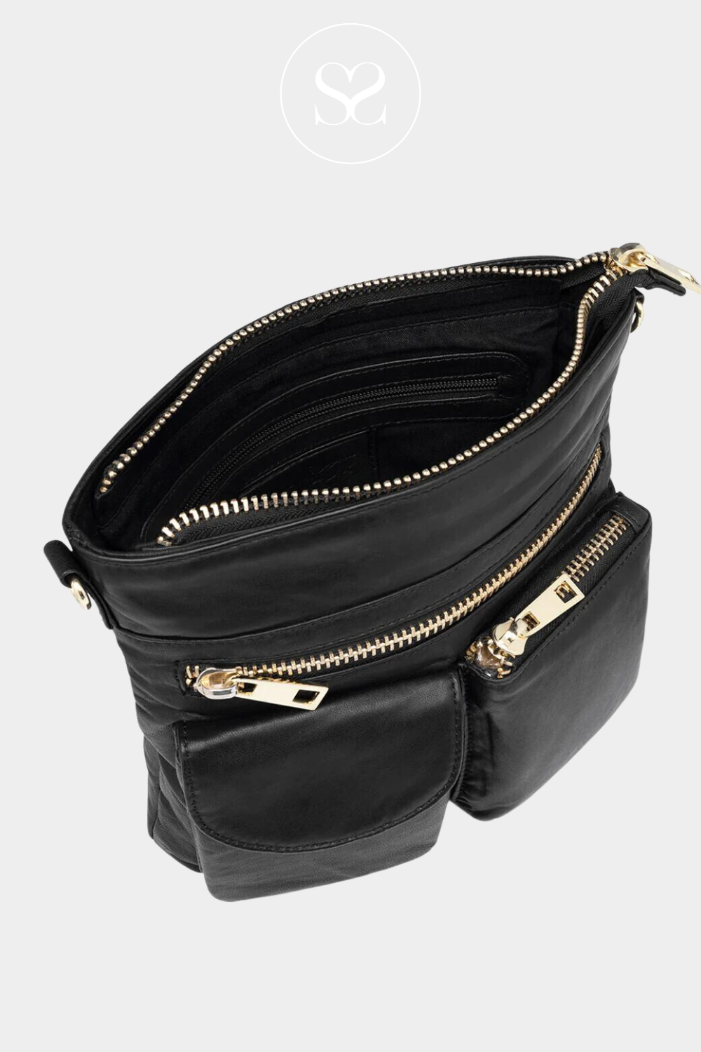 DEPECHE 15350 BLACK LEATHER CROSSBODY BAG WITH FRONT POCKETS , ZIPPED POCKETS AND GOLD HARDWARE AND AN ADJUSTABLE LONG STRAP