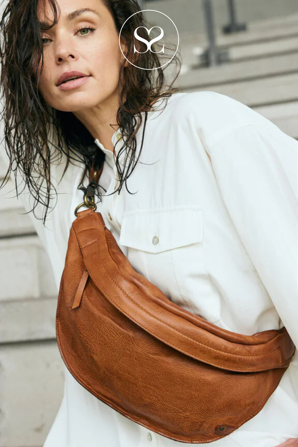 DEPECHE 16216 TAN LEATHER CROSSBODY BUMBAG