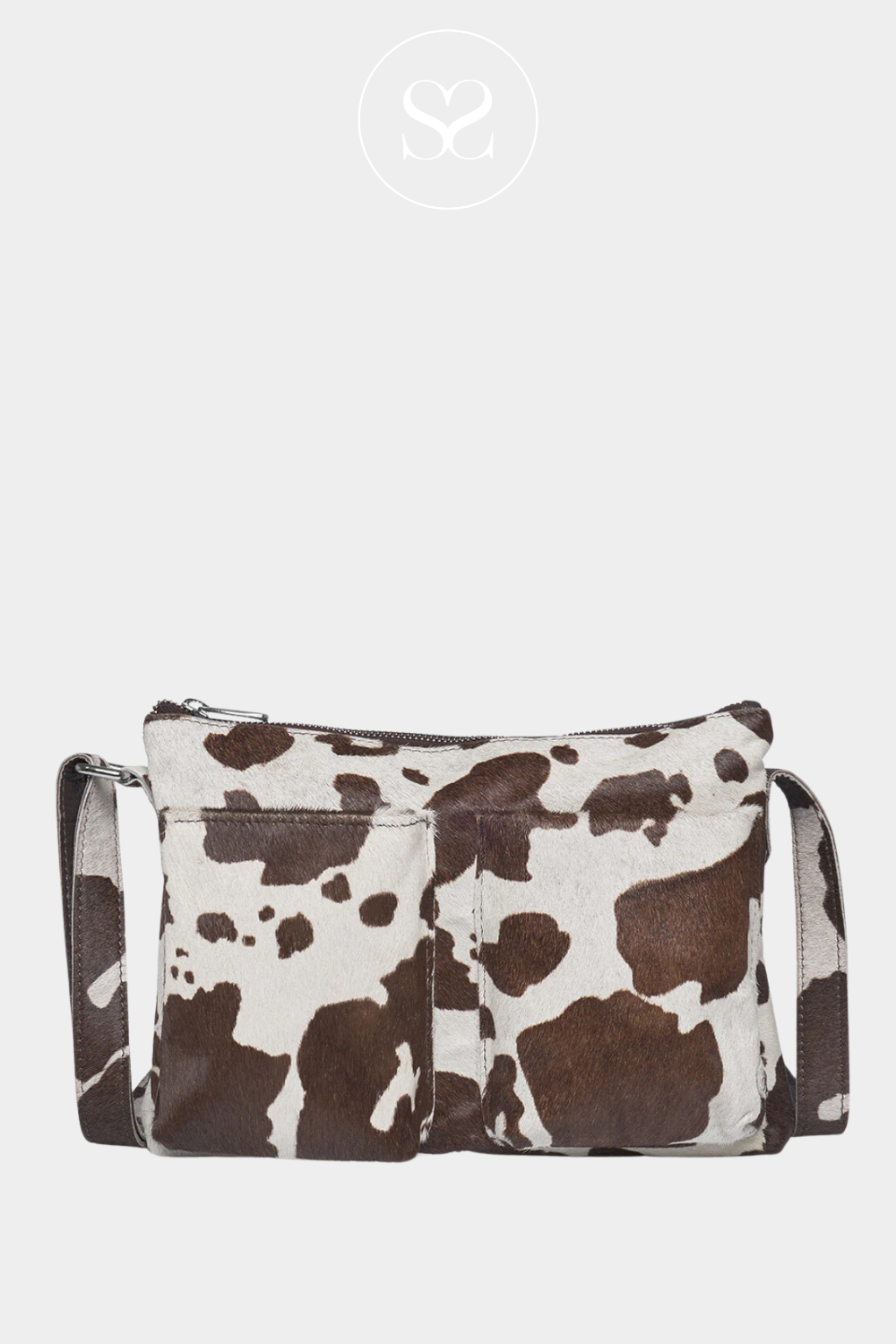 depeche 16446 cow print leather crossbody bag with two zip front pockets