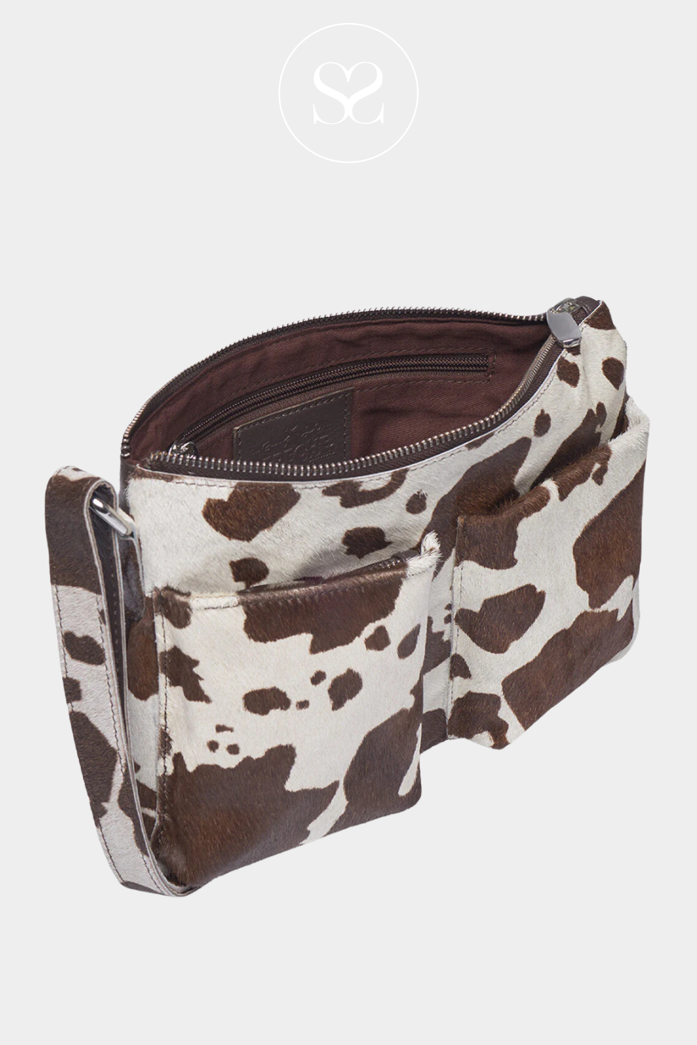 depeche 16446 cow print crossbody with clip on strap and wide zip opening