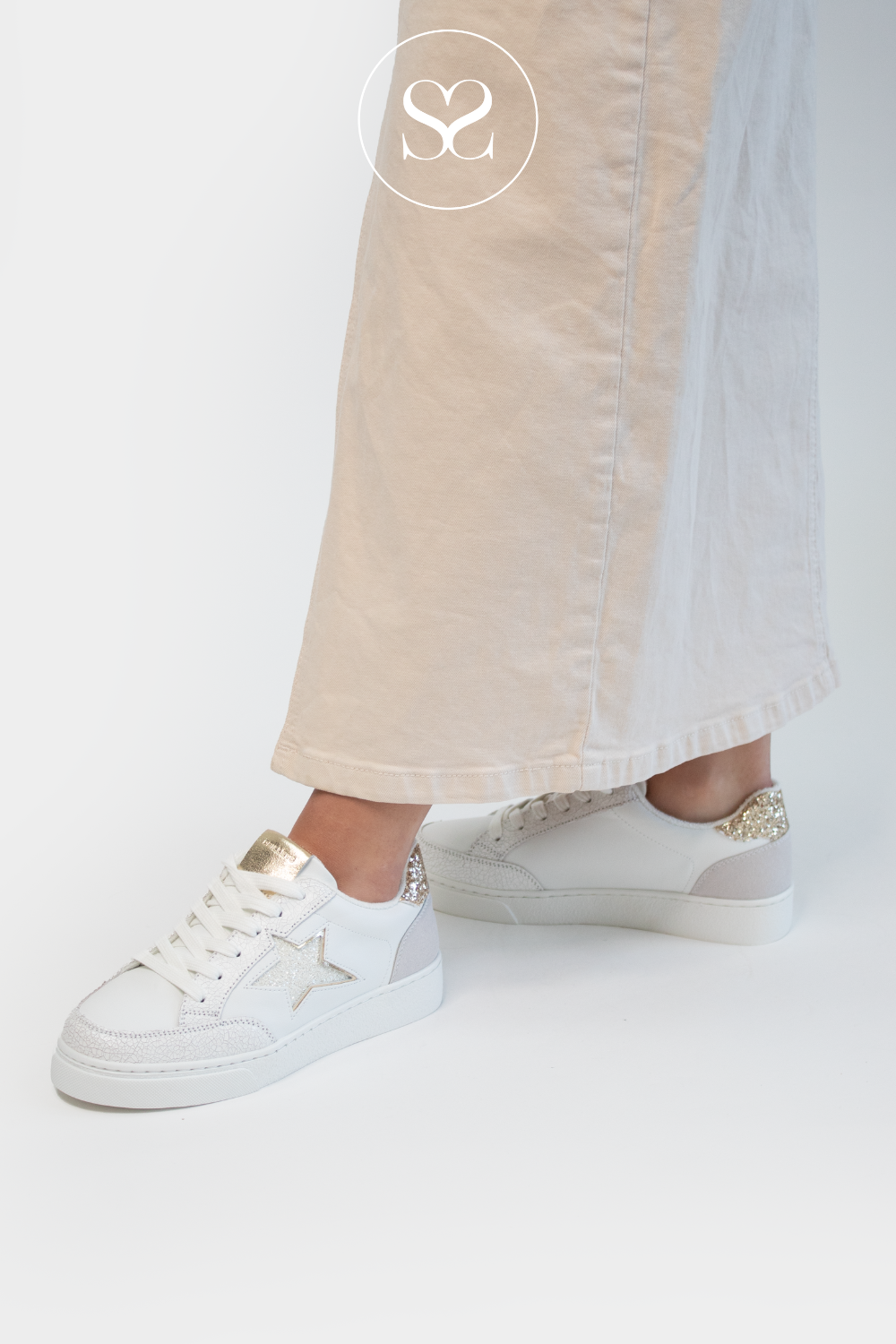 DRILLEYS FIFTY EIGHT WHITE & GOLD FLATFORM TRAINERS FOR LADIES IRELAND