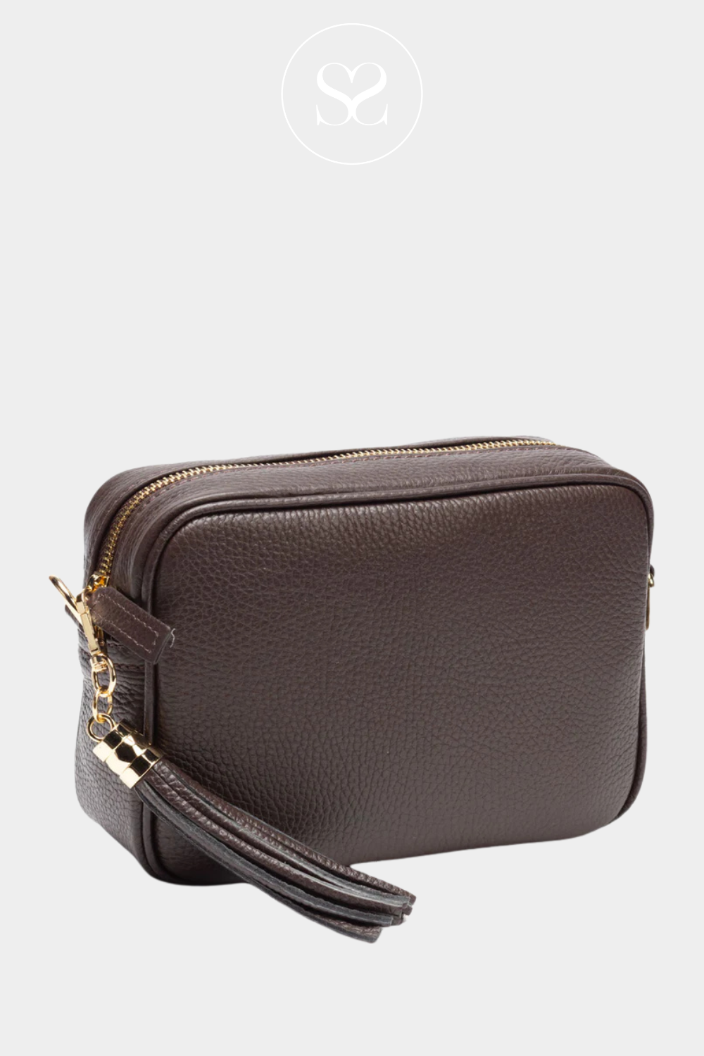 ELIE BEAUMONT CHOCOLATE BROWN LEATHER SMALL CROSSBODY BAG WITH GOLD ZIP AND TASSEL